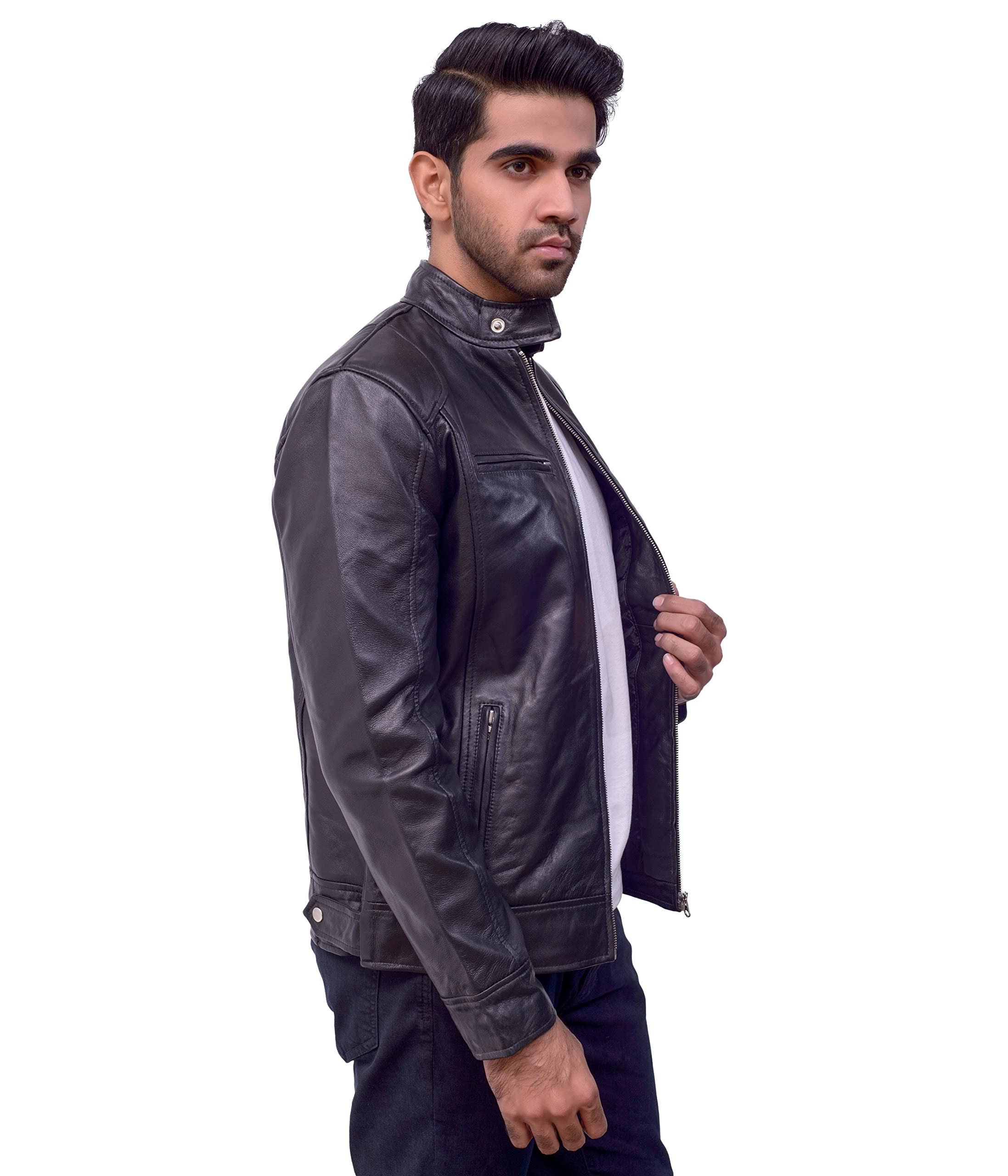 Genuine Black Leather Jacket for Men - Premium Lambskin Motorcycle Jacket with Zipper Pockets | Stylish Biker Outerwear for Riding & Casual Wear