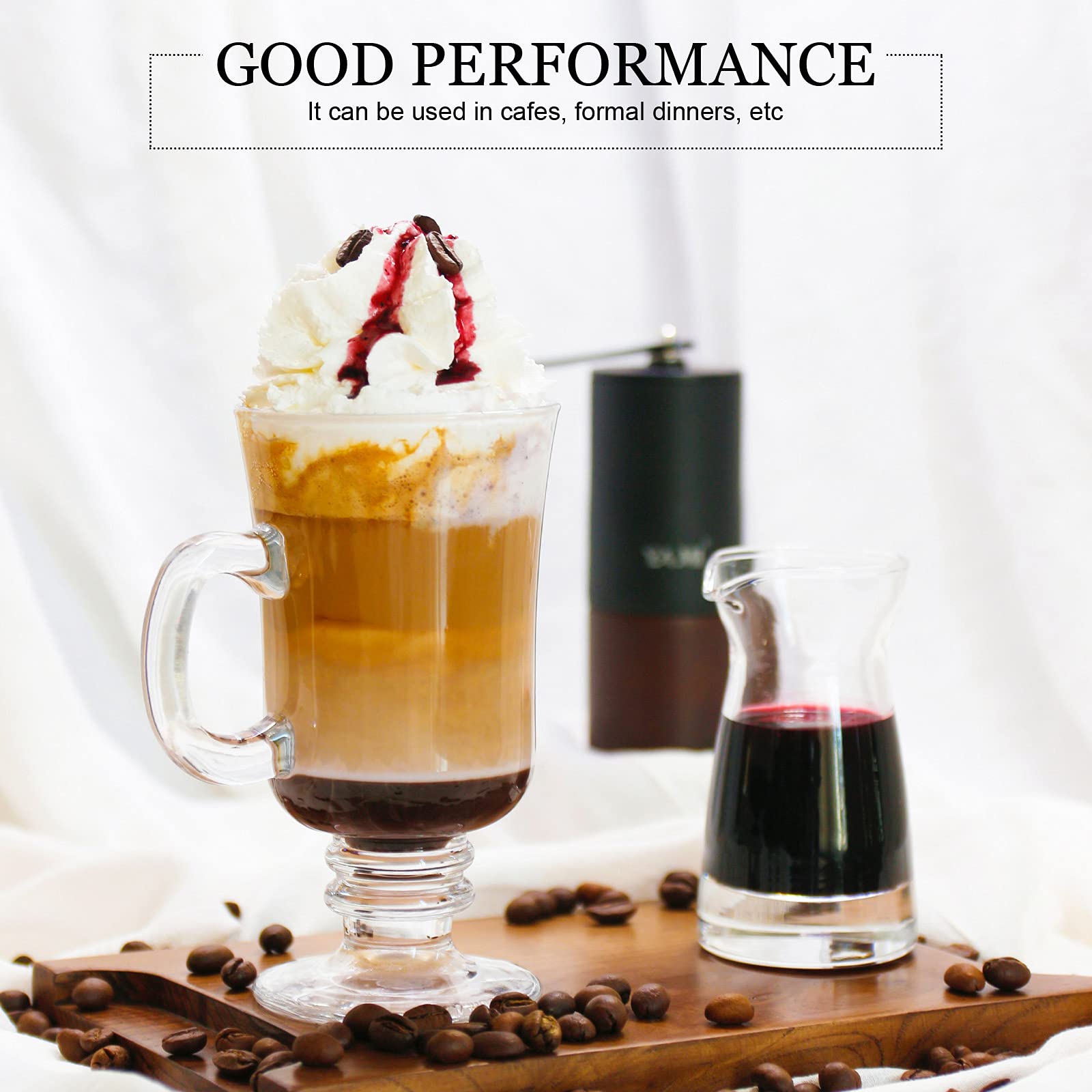6-Piece Set of 8oz Irish Coffee Mugs - Clear Glass Cups with Handle & High Base - Perfect for Hot & Cold Beverages - Ideal for Coffee, Tea, Latte, and Cocktails at Home or Café