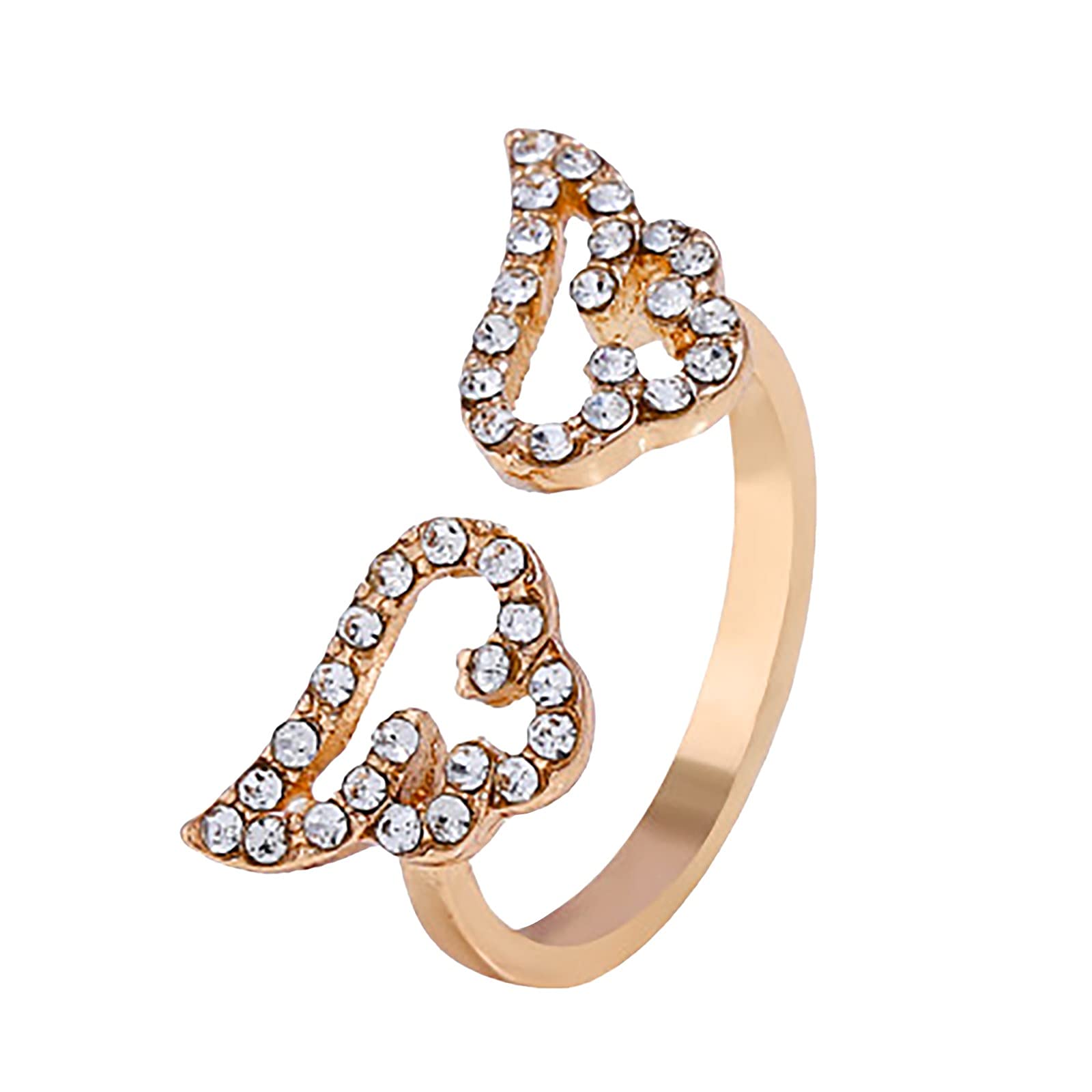 Adjustable White Gold Angel Wing Ring with Rhinestone Heart - Open Finger Ring for Women, Chunky Statement Jewelry - Perfect for Valentine's Day, Anniversary Gifts & Everyday Fashion Accessories