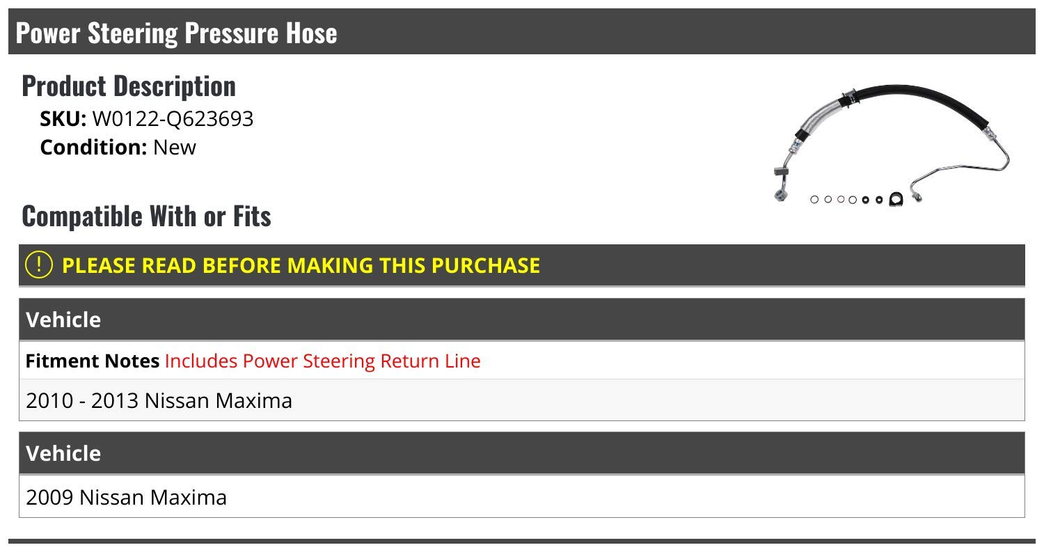 High-Quality Power Steering Pressure Hose Replacement for 2009-2013 Nissan Maxima - Durable OEM Fit - Perfect for Smooth Steering & Vehicle Maintenance