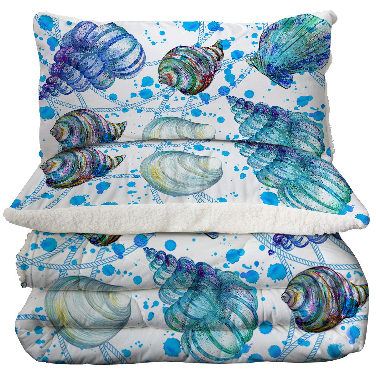 Super Soft Sherpa Comforter Set - Faux Fur Bedspread & 3D Lightweight Fuzzy Duvet Blanket with Polyester Filler - King Size (Ocean Seashell) - Cozy Winter Bedding for Master Bedroom & Guest Room