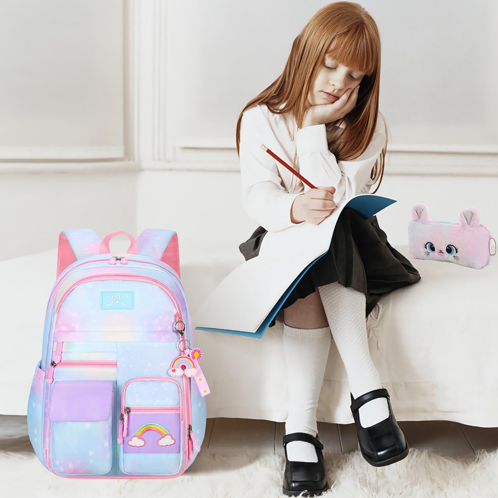 **Cute Rainbow Backpack for Girls & Kids - Aesthetic Starry School Backpack with Pen Holder, Laptop Travel Bag for Students, Teens, and Daily Use**
