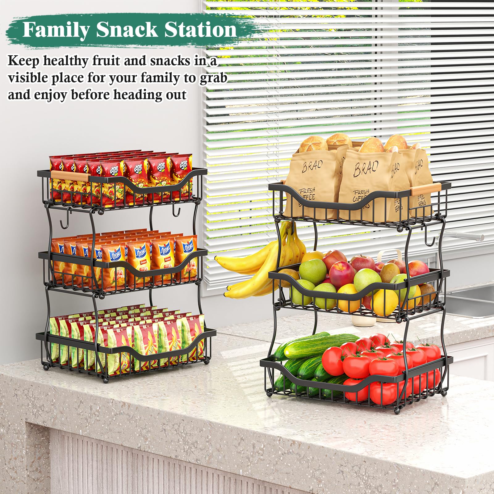 3-Tier Fruit Basket with Banana Hangers - Wall Mount & Countertop Kitchen Organizer for Fruits, Vegetables, Bread, Snacks - Perfect for Small Kitchen Storage & Pantry Organization (Ideal for Apartments, Dorms & Counter Space Saving)