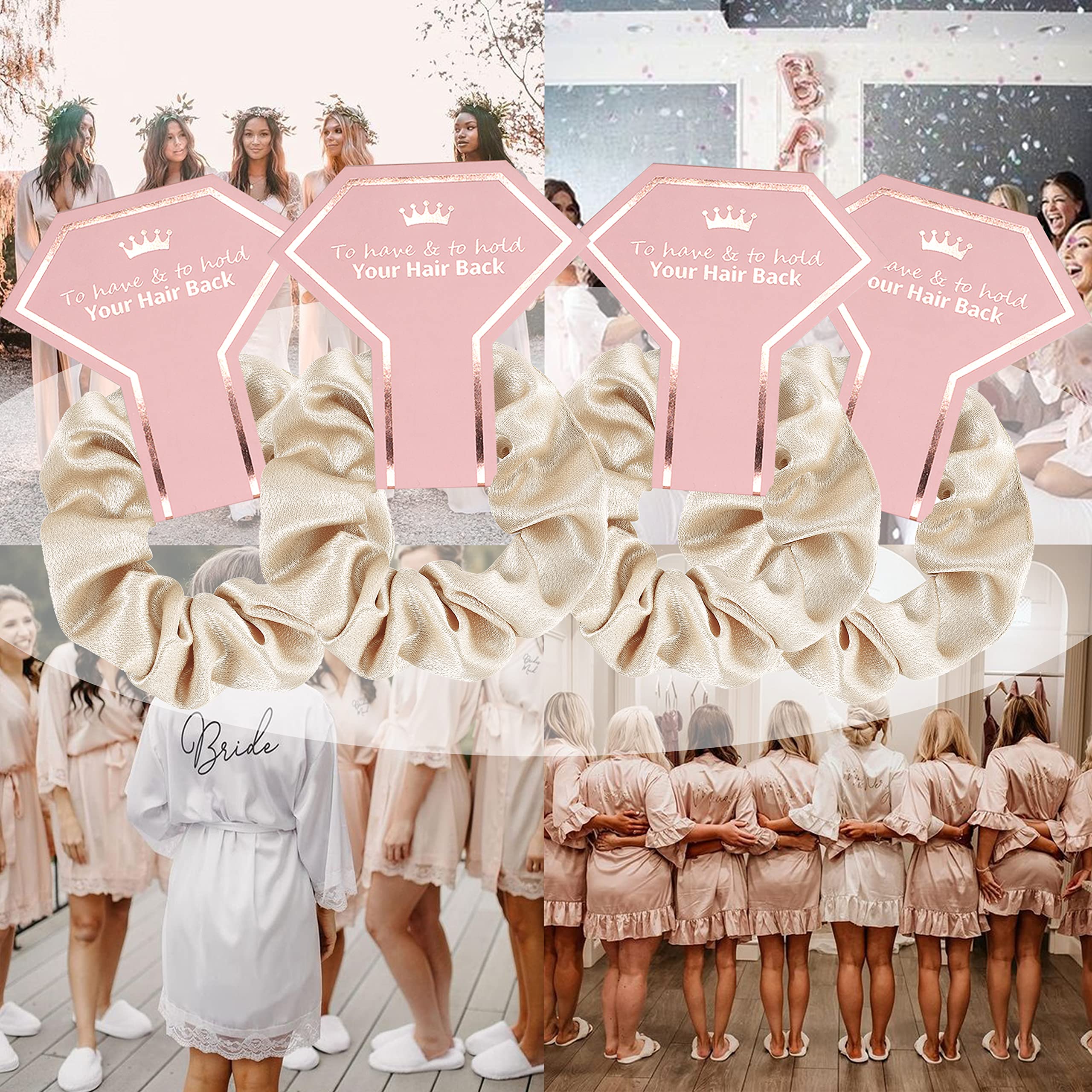 8 Pack Bridesmaid Proposal Gifts - Soft Scrunchies Hair Ties Set for Bachelorette Party, Wedding Favors & Bridal Shower - Beige & White - Perfect for 