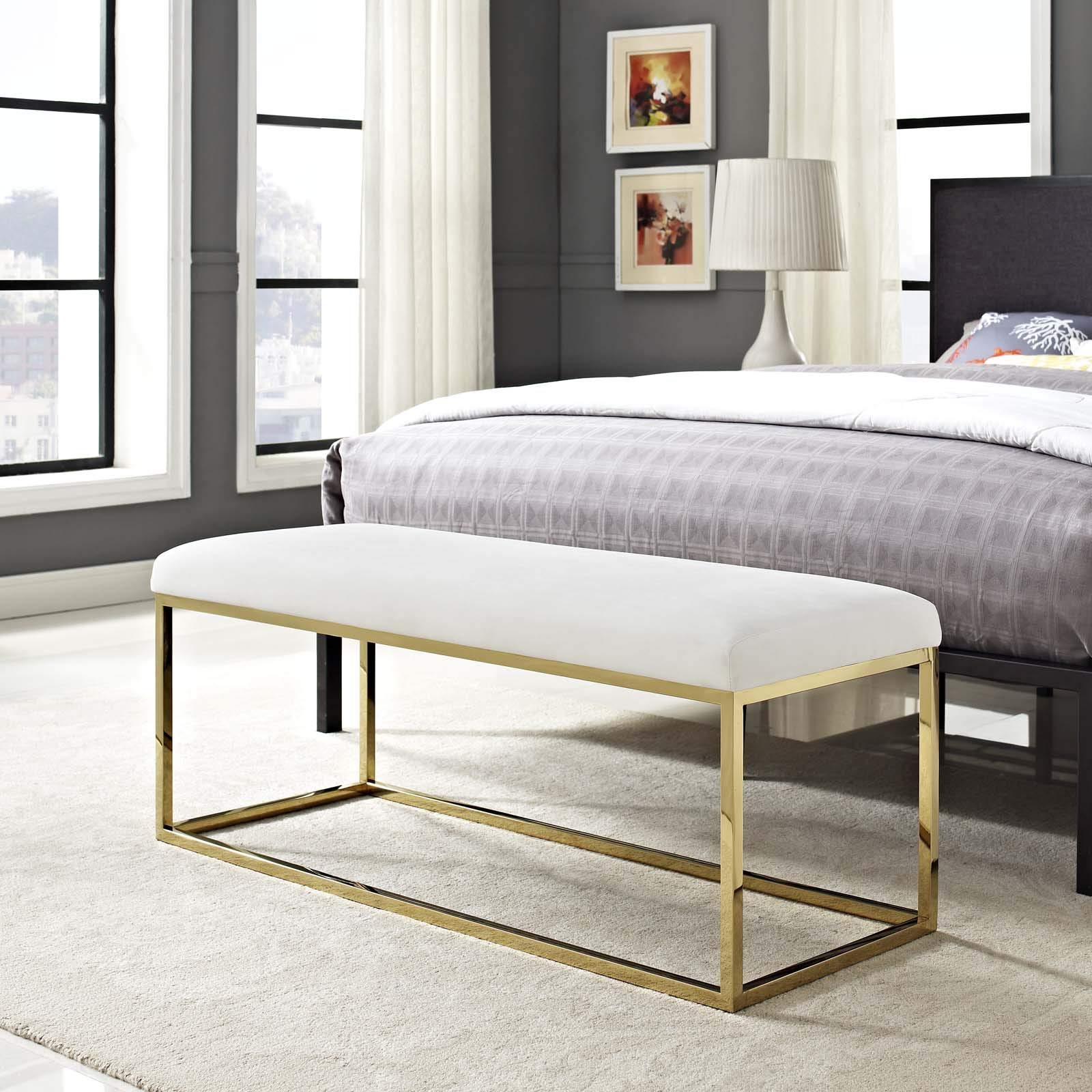 Modern Contemporary Accent Chair Bench - Velvet Upholstery with Metal Steel Frame in Gold & Ivory - Perfect for Living Room, Lounge, or Bedroom Decor
