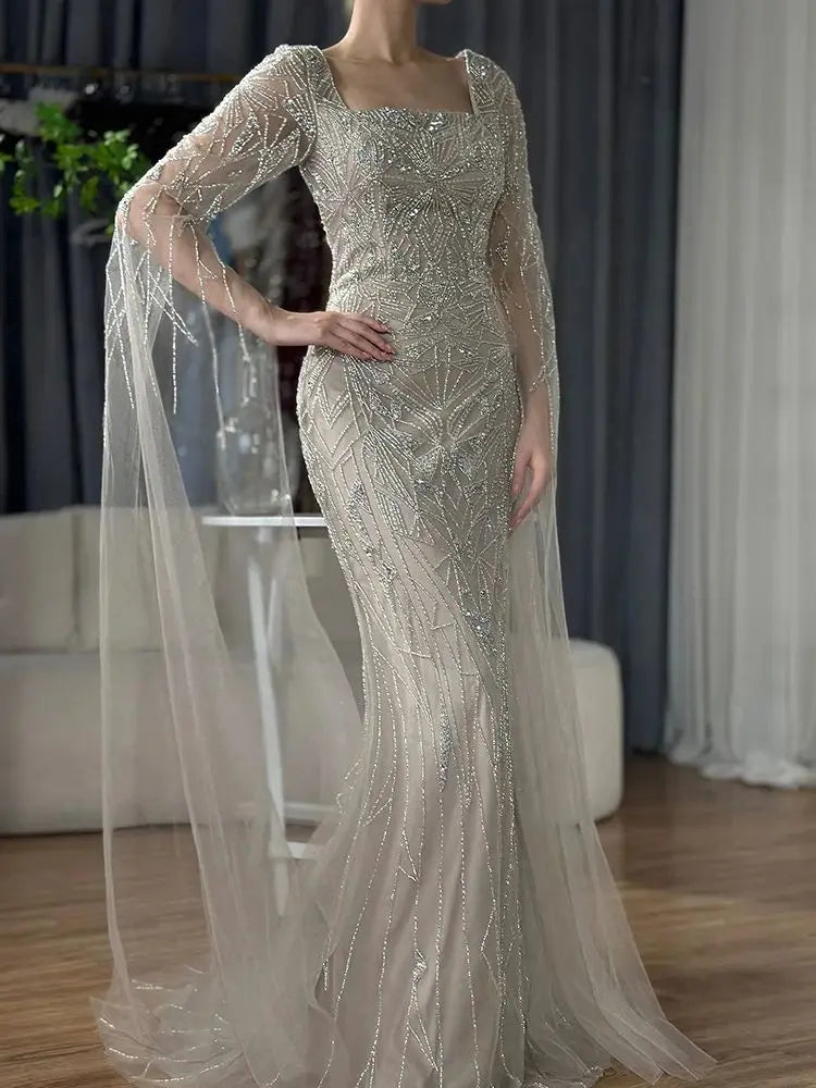Luxury Dubai Arabic Nude Cape Sleeves Mermaid Saudi Evening Dresses Beaded Formal Party Gowns for Women - Elegant Wedding, Prom, Gala & Special Occasion Wear LA72261B