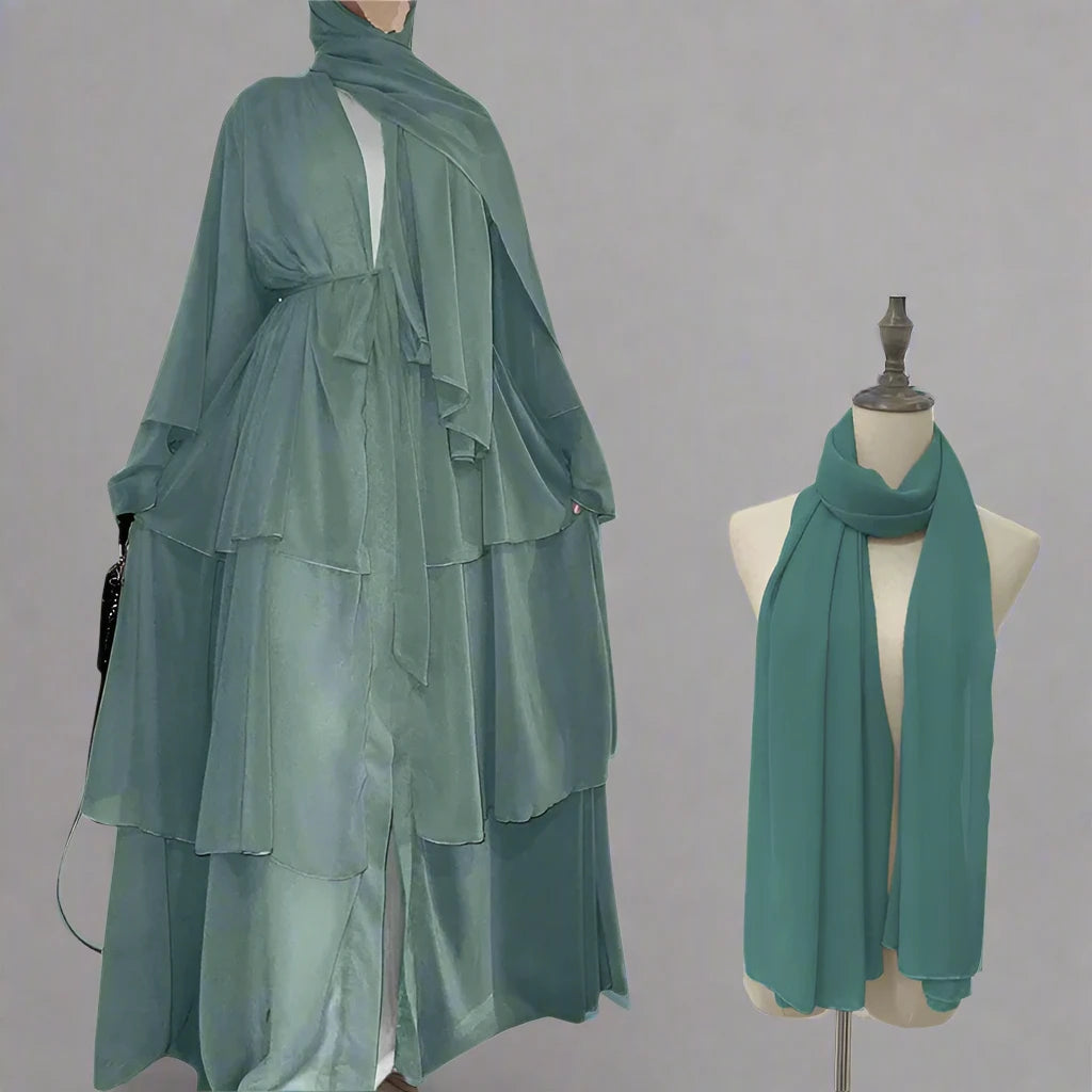 Elegant 3-Layer Chiffon Open Abaya Dress with Matching Hijab for Muslim Women - Perfect for Prayer, Modest Fashion & Special Occasions