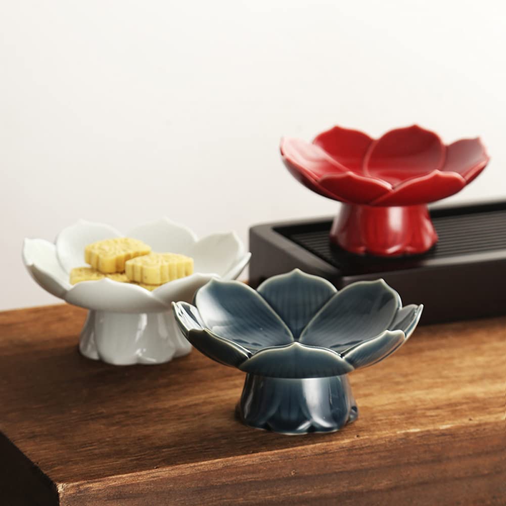 **Elegant Ceramic Pedestal Fruit Bowl - Decorative Footed Compote Serving Bowl for Desserts, Fruits, Bread & Snacks - Lotus Drain Plate for Kitchen Counter Display - Perfect for Dining Table Centerpiece & Party Serving (Blue)**