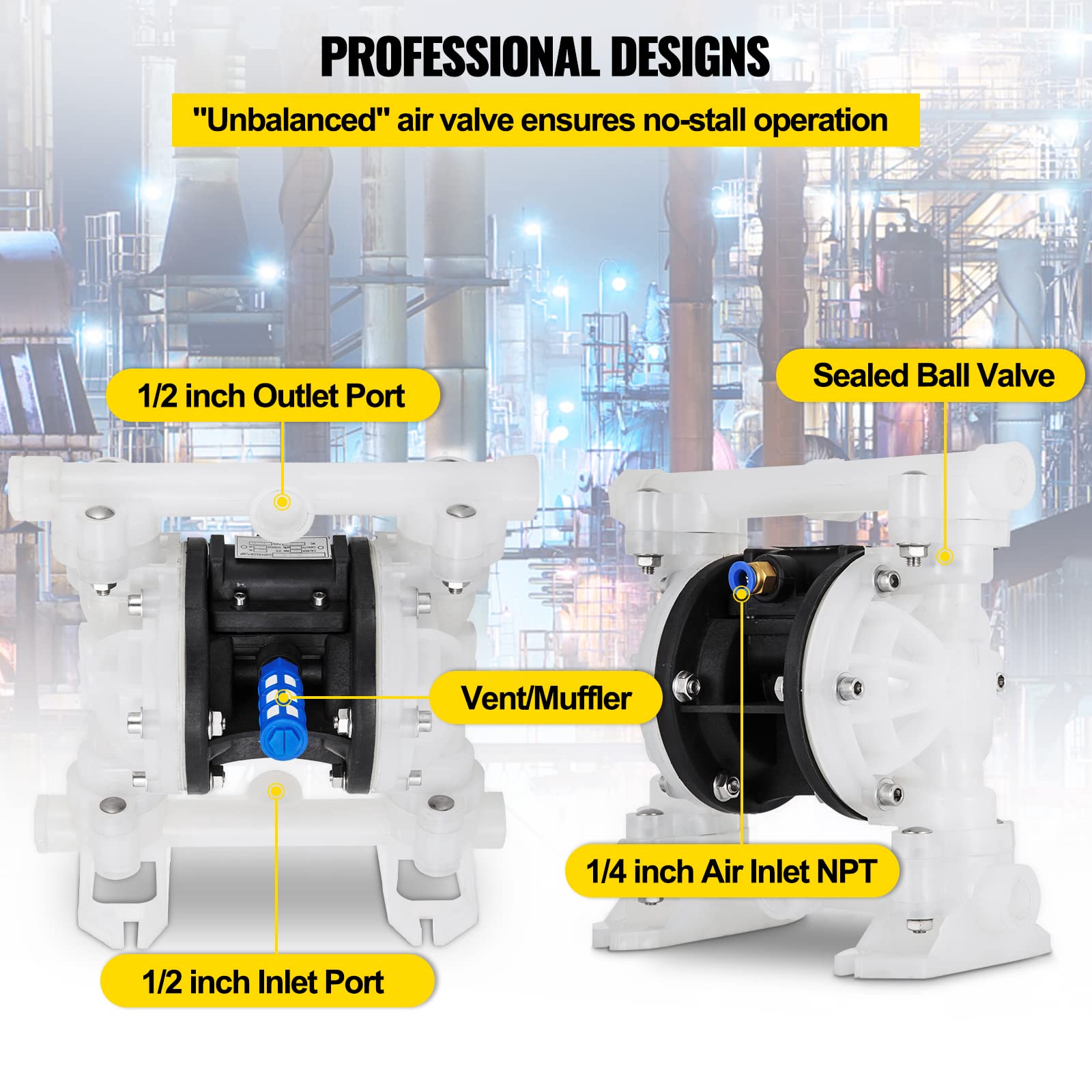 Happybuy 1/2 Inch Air-Operated Double Diaphragm Pump - 8.8 GPM, 120 PSI Max, Polypropylene Body with PTFE Diaphragm - Ideal for Transferring Petroleum, Diesel, Oil & Low Viscosity Fluids in Industrial, Automotive and Chemical Applications