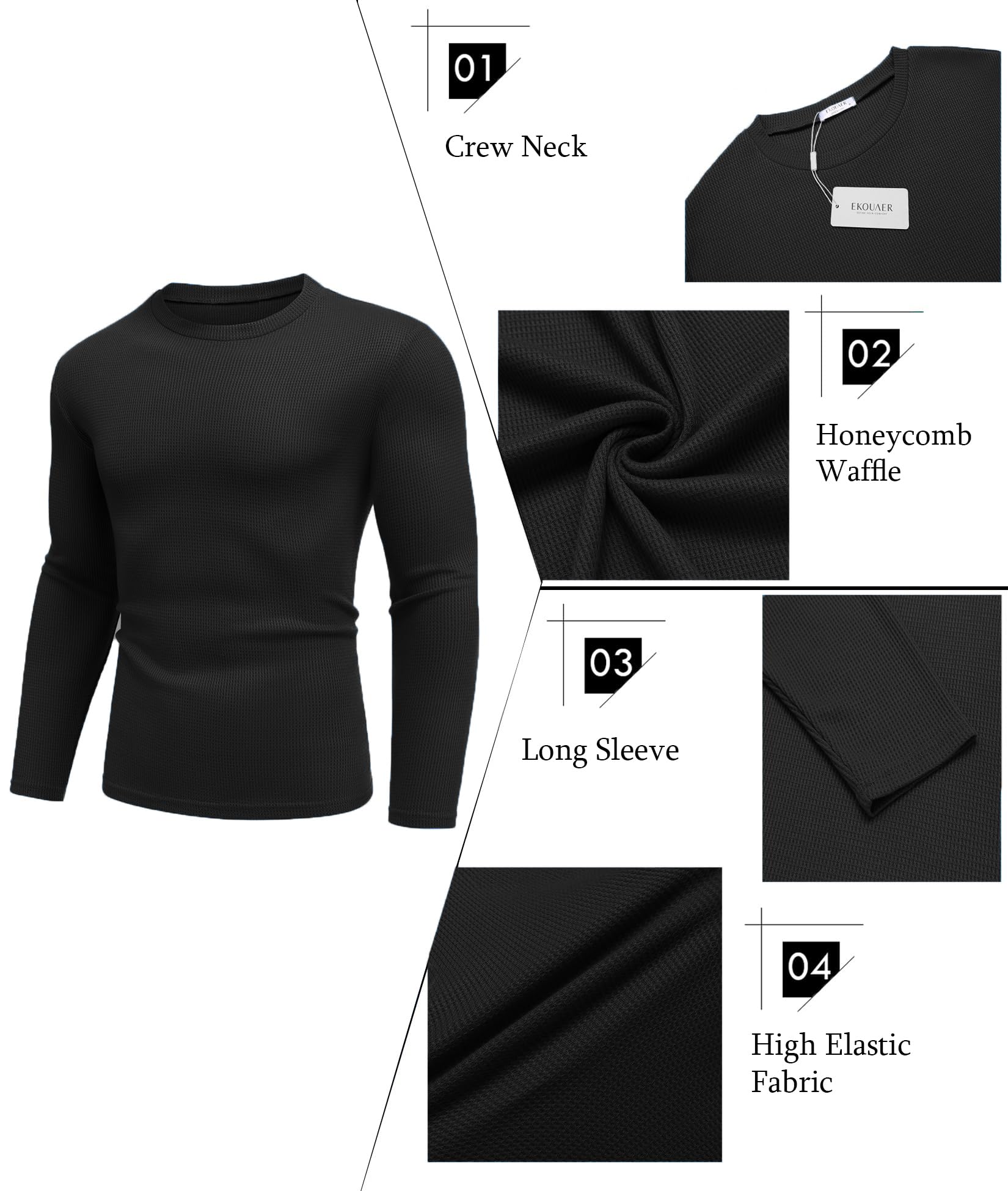 Ekouaer Men's Long Sleeve Thermal Shirt - Honeycomb Waffle Knit Pullover Sweater, Lightweight Crewneck Undershirt for Winter Layering & Outdoor Activities