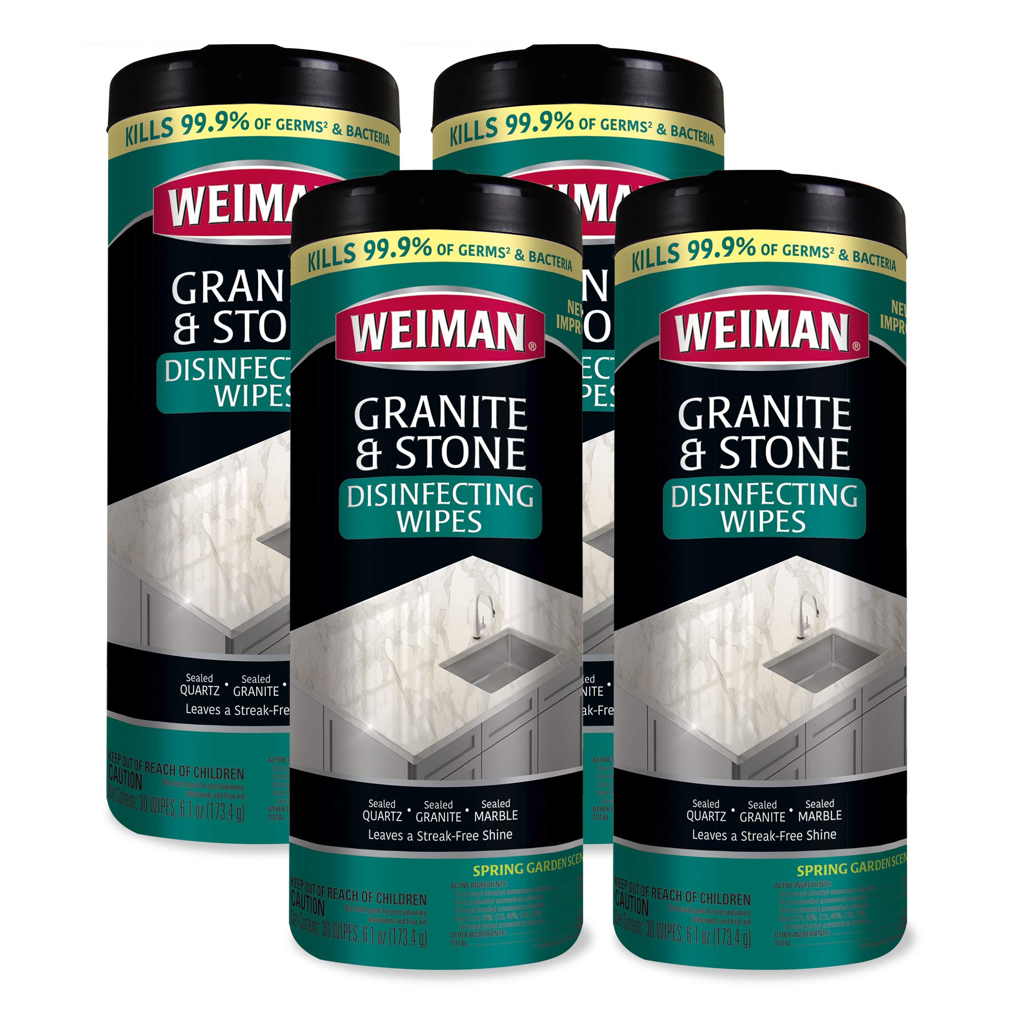 Weiman Granite Disinfectant Wipes - 30 Wipes per Pack (4-Pack) - Clean, Disinfect & Shine Natural Stone Surfaces - Safe for Granite, Marble, Quartz, Slate, Limestone & Soapstone - Perfect for Kitchen Countertops, Bathroom Vanities & Tile Floors