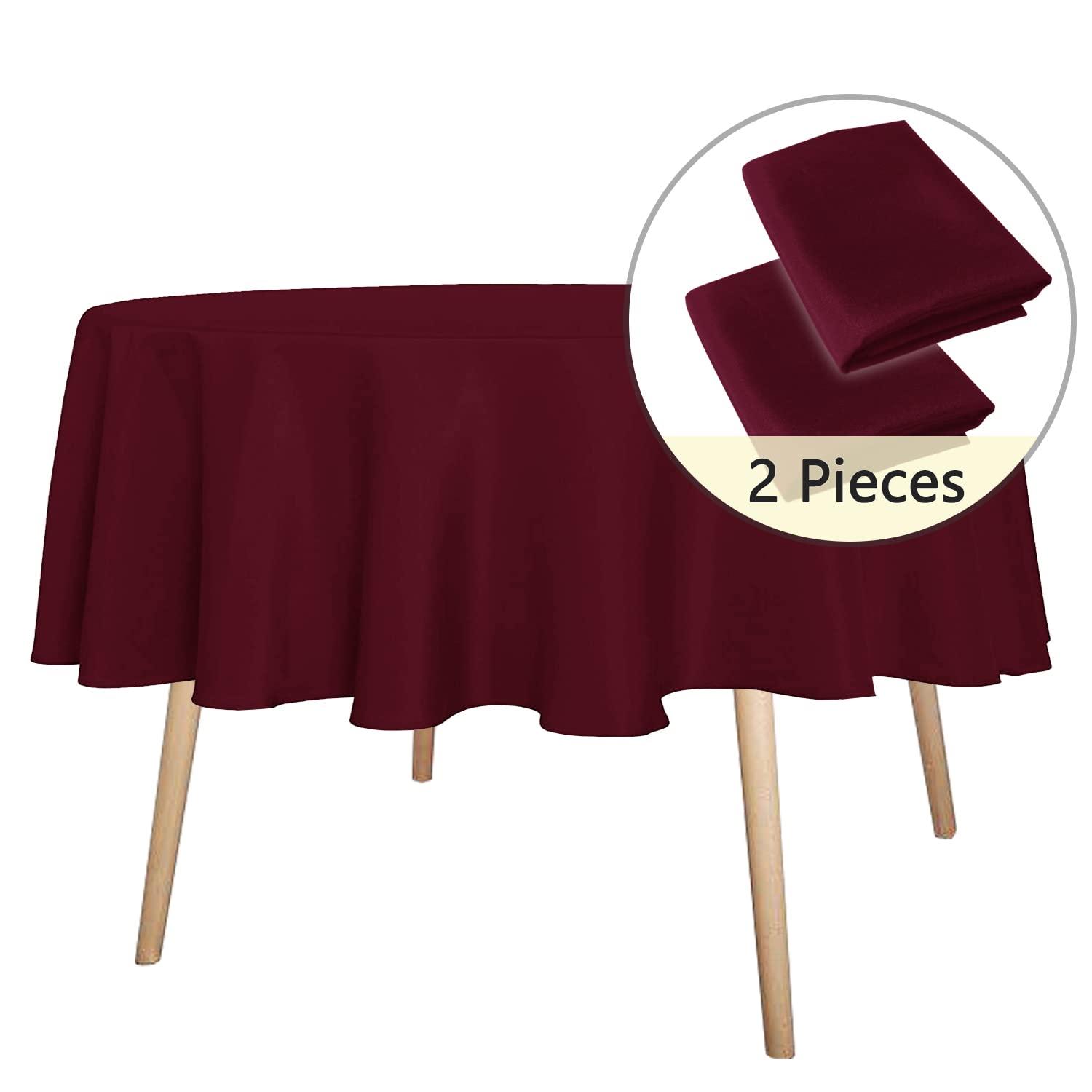 2 Pack 60 Inch Round Burgundy Tablecloth - Stain & Wrinkle Resistant Washable Polyester Table Cover for Dining Tables, Buffet Parties, Camping, Picnics & Outdoor Events