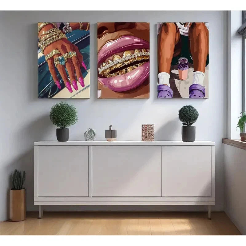 3-Piece African American Woman Wall Art - Pink, Purple & Golden Metal Prints Ready to Hang - Perfect for Living Room, Bedroom & Office Decor