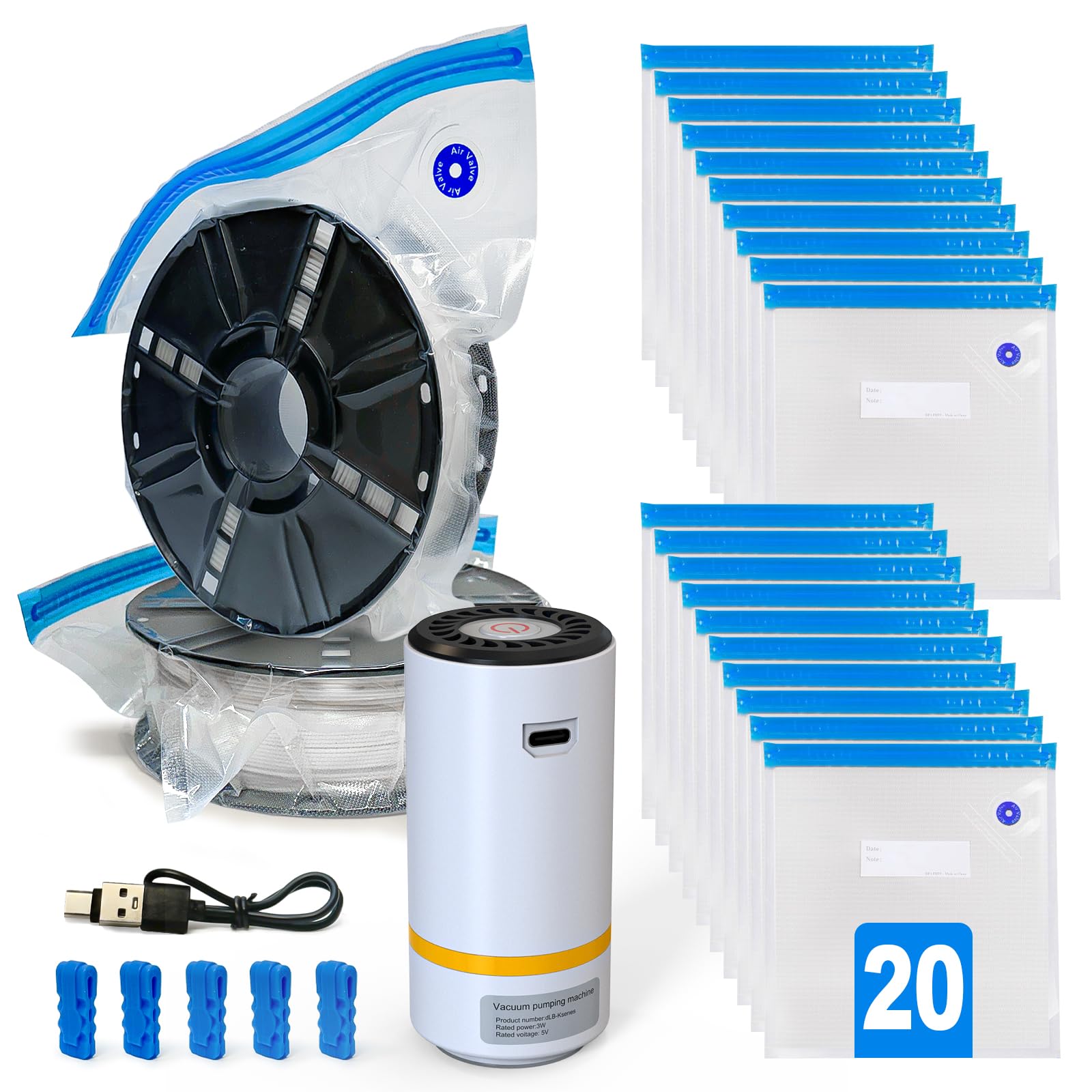 Premium 3D Filament Storage Kit with Electric Pump – 20 Vacuum Storage Bags for Dustproof & Moistureproof Protection | Keep Filament Dry & Fresh | Ideal for 3D Printing Enthusiasts & Professionals