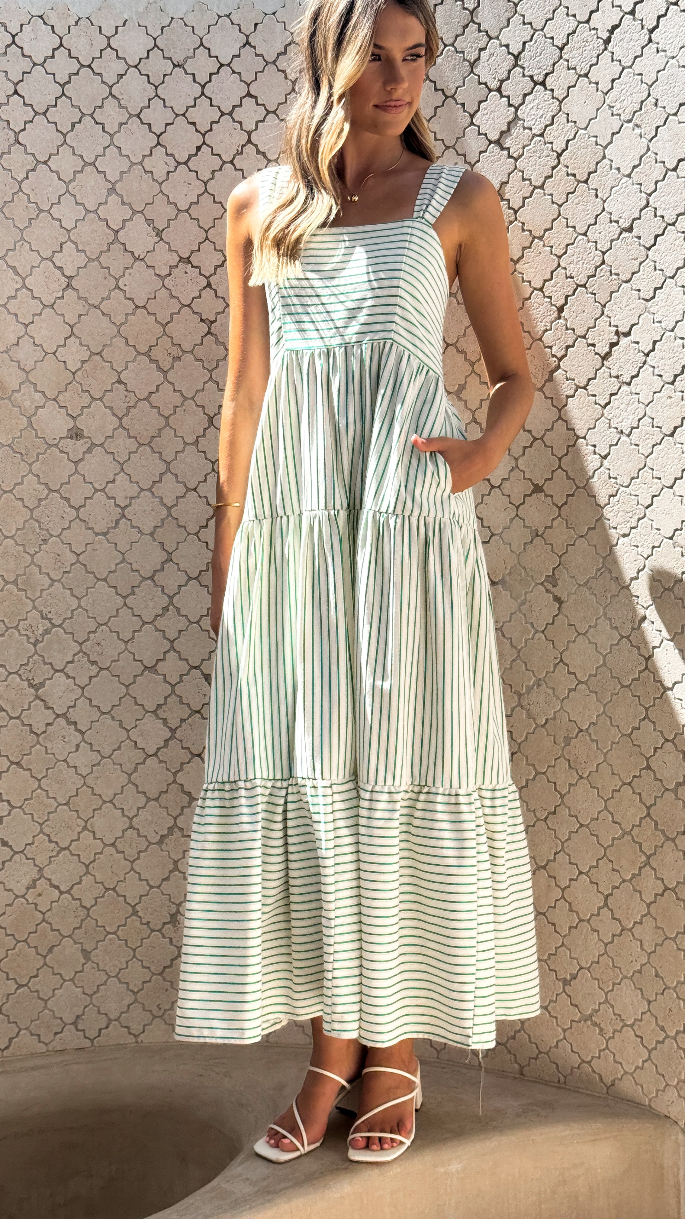 Laylah Maxi Dress - Green Stripe Floral Summer Dress for Women | Beach Wedding, Vacation & Casual Outfit