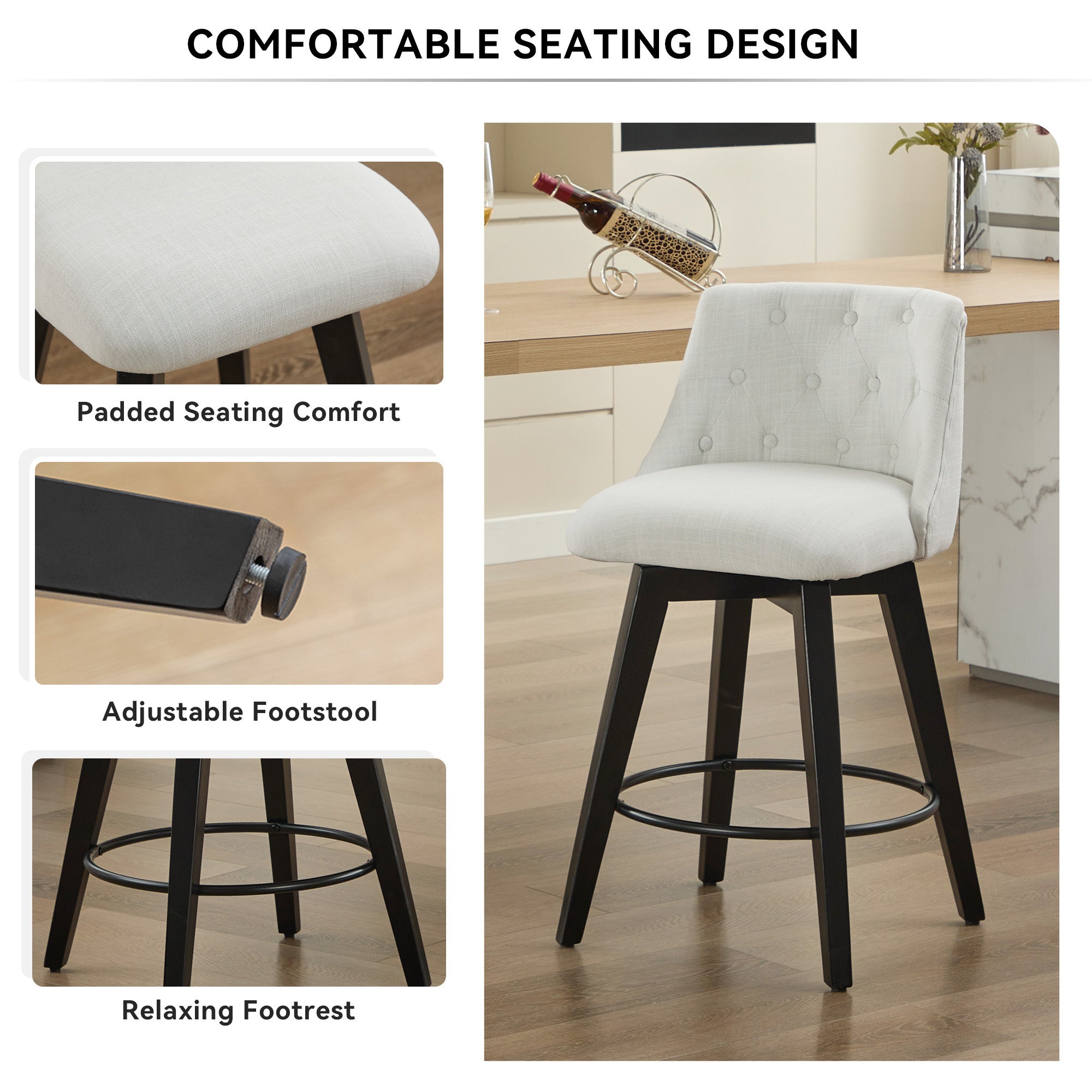 Modern 25' Swivel Bar Stools Set of 2 - Counter Height Stools with Linen Upholstery & Button Tufted Back, Solid Wood Frame for Kitchen Island, Home Bar or Breakfast Nook - Perfect for Entertaining Guests or Casual Dining