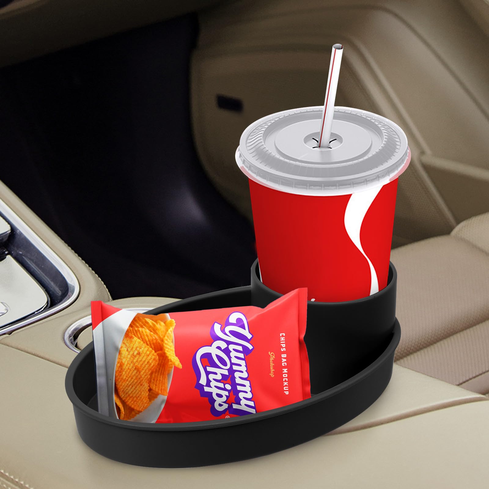 Drolasa Kids Car Seat Snack Tray with Cup Holder - Black Travel Organizer for Snacks, Drinks & Toys | Perfect for Road Trips, Long Drives & Family Vacations