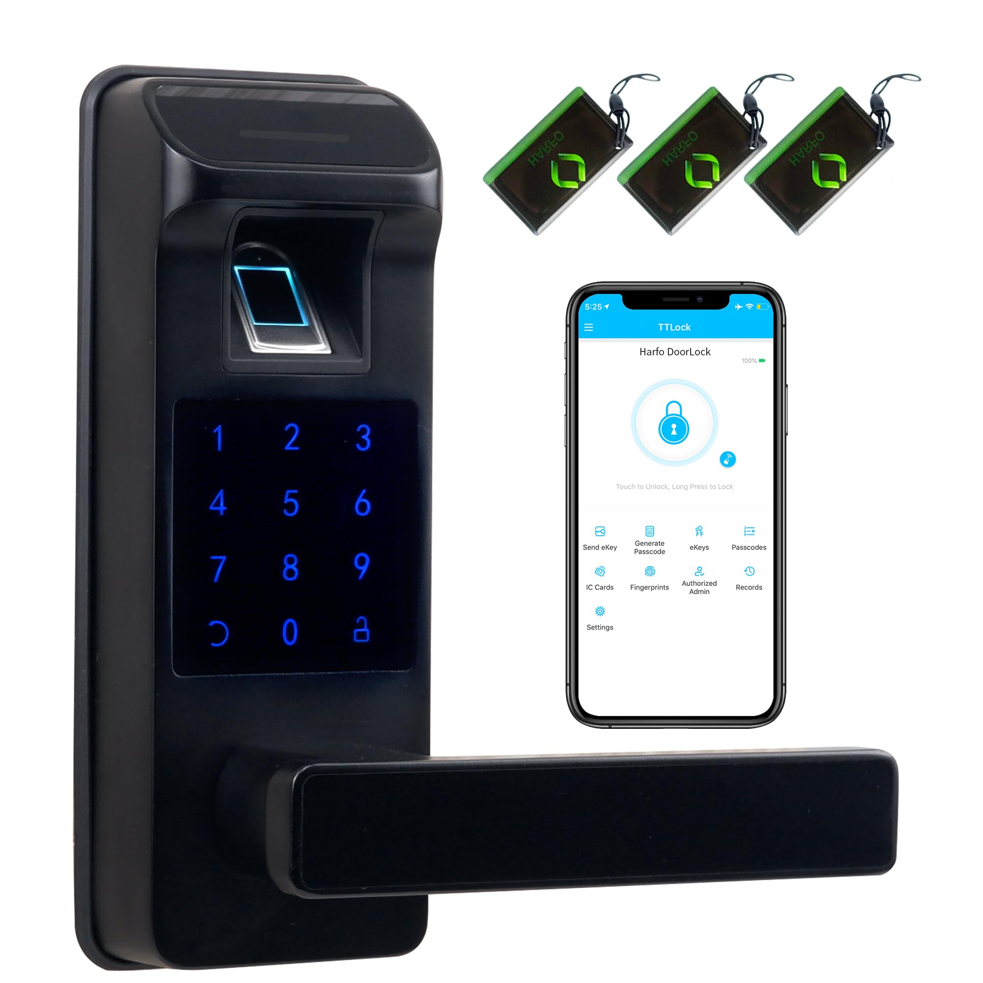 Harfo Smart Door Lock - Keyless Entry Fingerprint & Keypad Digital Door Lock with Full App Control - Heavy Duty Biometric Electronic Lock for Home Security (Black) - Perfect for Apartments, Smart Homes & Vacation Rentals