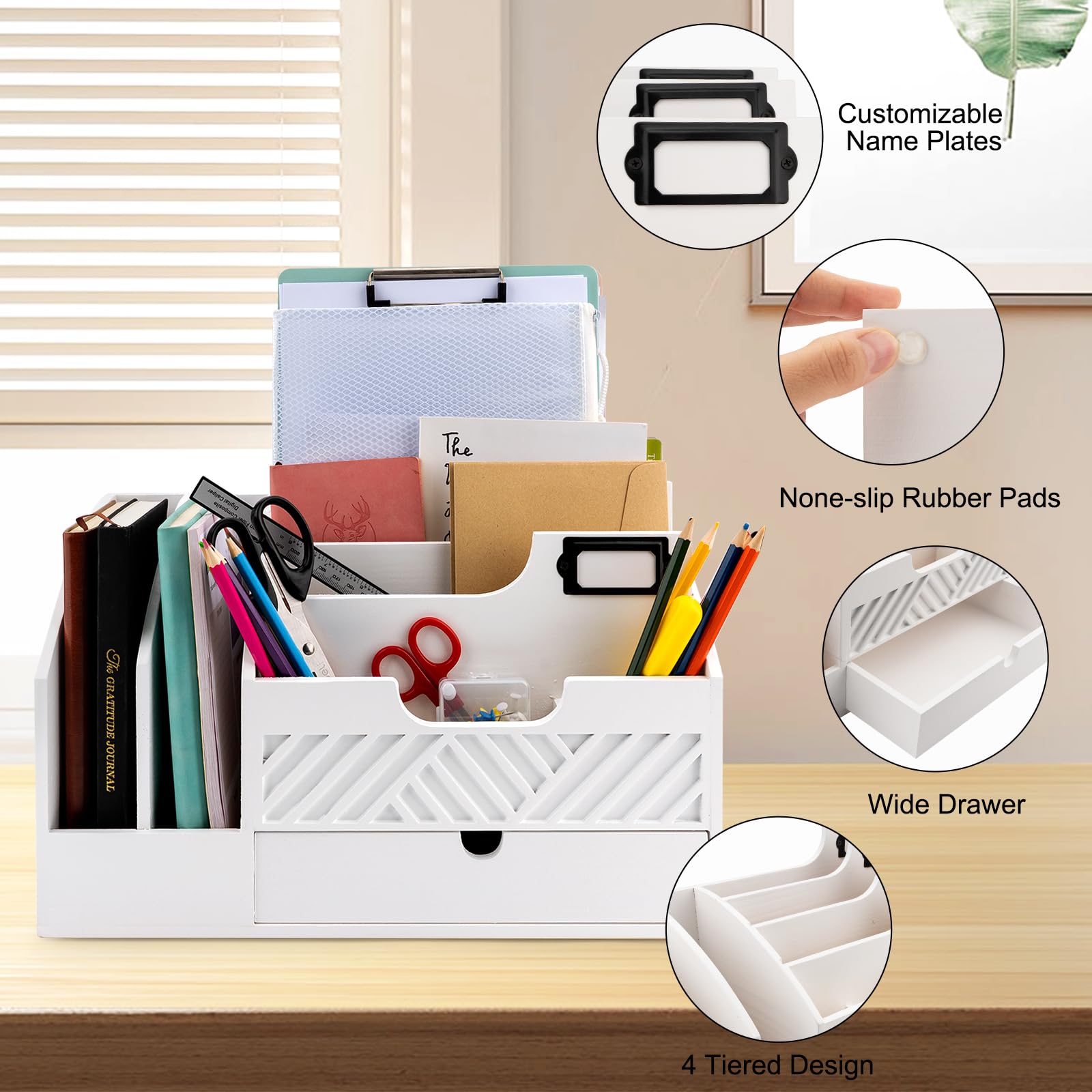 Fantasyon White Wood Mail Organizer - Desktop Mail Holder with Drawer, Bill File Organizer & Letter Sorter - Wooden Desk Accessory for Office, Home (Paper, Envelopes, Documents) - Perfect for Workspace Organization & Mail Management
