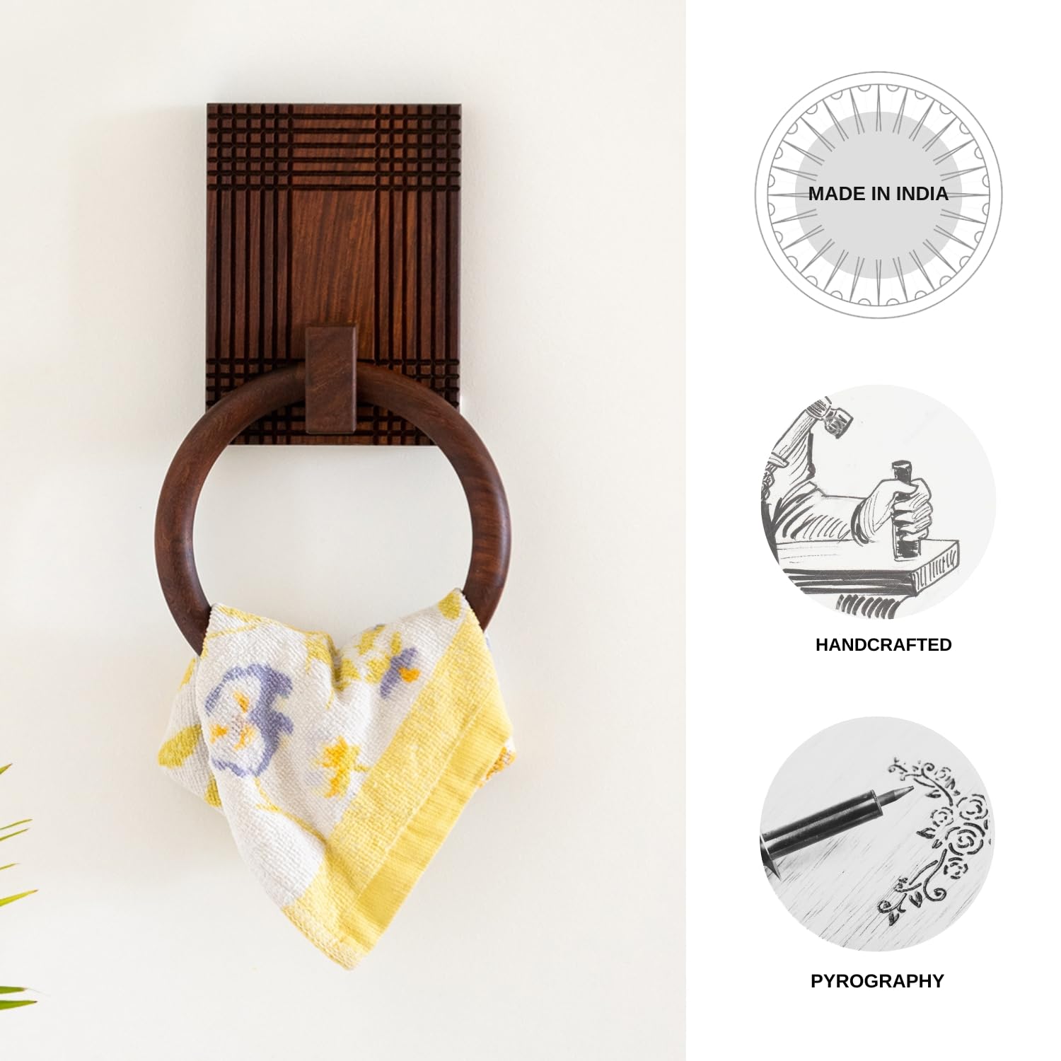 Handcrafted Sheesham Wood Checkered Frame Towel Ring Holder - Bathroom & Kitchen Towel Hanger for Wash Basin - Natural Brown Wooden Towel Organizer for Spa, Guest Bath & Farmhouse Decor