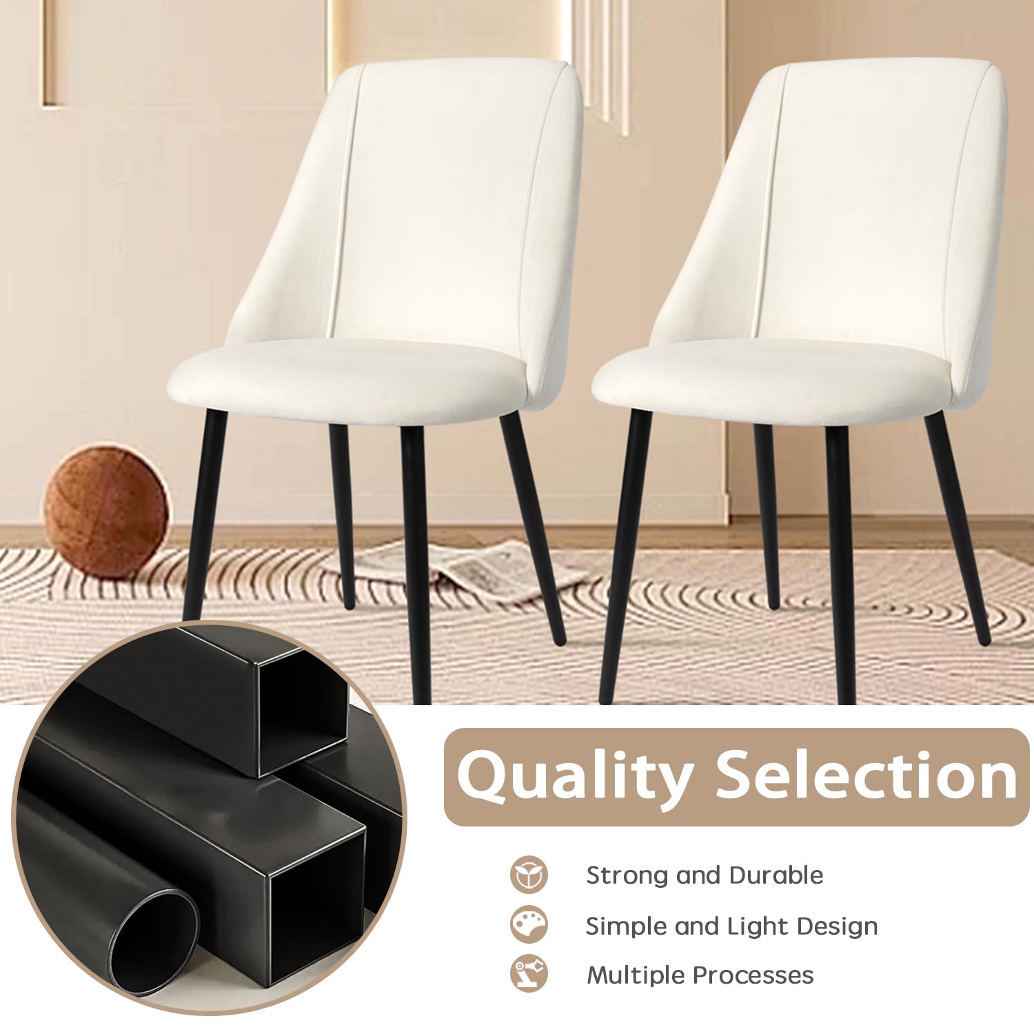 Luxury Velvet Dining Chairs Set of 2 - Modern Upholstered Kitchen Chairs with Sturdy Metal Legs - Cream White Accent Chairs for Dining Room, Kitchen & Living Room - Perfect for Home Decor & Dinner Parties
