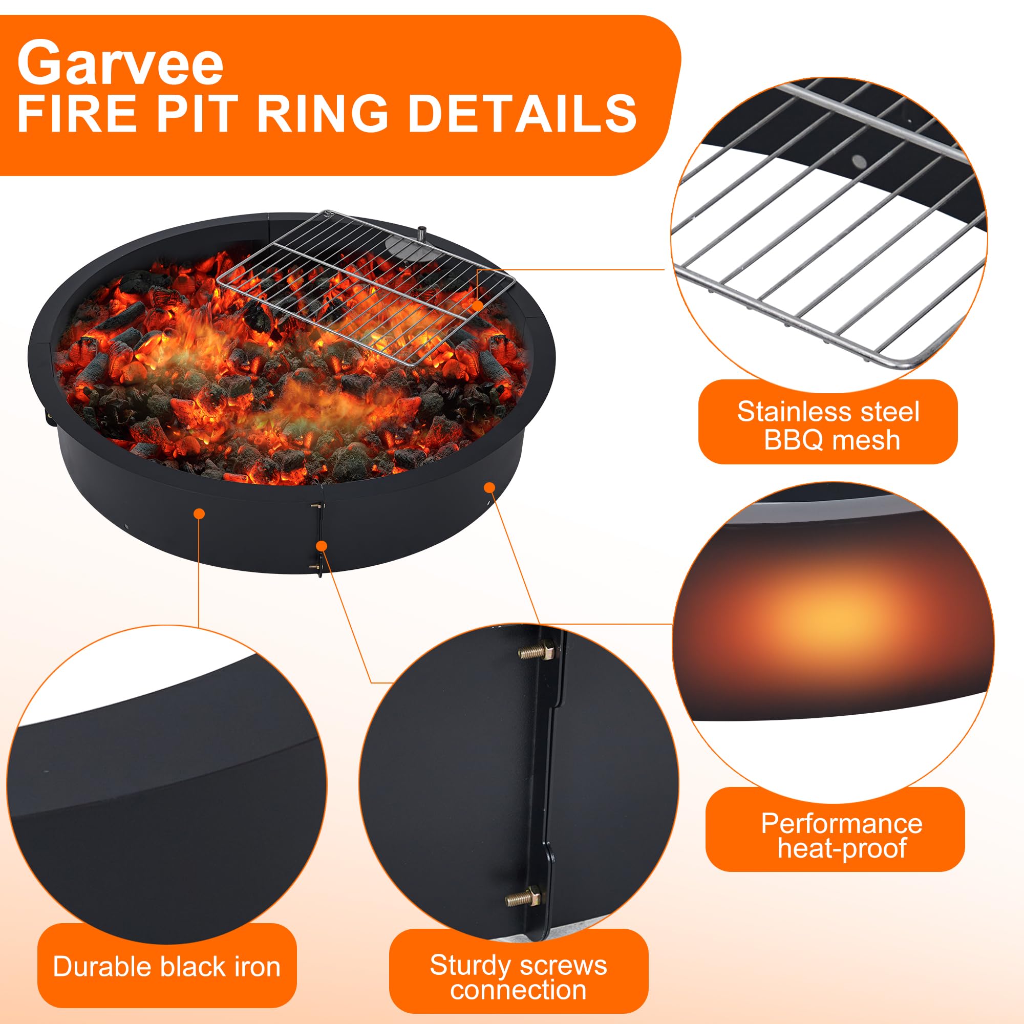 36 Inch Heavy Duty Steel Fire Pit Ring Insert - Outdoor Fire Pit Liner with Cooking Grate for Wood Burning | DIY Camping, Patio, Backyard & Garden Use | Perfect for Roasting Marshmallows, Bonfires & Outdoor Cooking