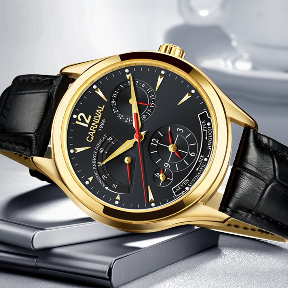 Men's Automatic Kinetic Watch with Sapphire Glass - Stainless Steel Case, Waterproof Leather Strap, Black Dial - Perfect for Business, Casual & Outdoor Activities