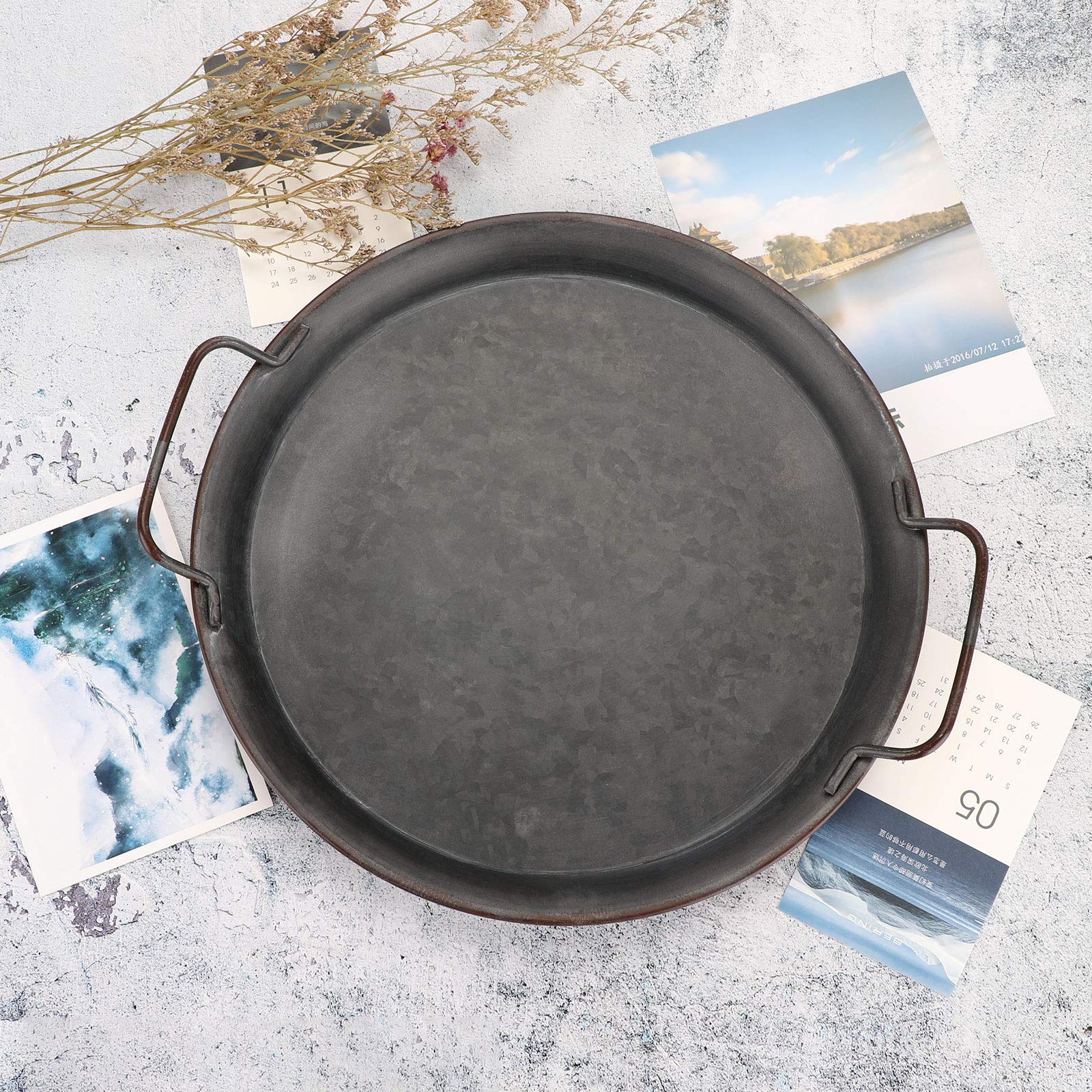 Hipiwe Industrial Style Metal Iron Tray - Galvanized Round Serving Tray with Handles for Coffee Table, Rustic Home Decor, Breakfast Serving Tray - Perfect for Dining, Entertaining & Farmhouse Style Decor