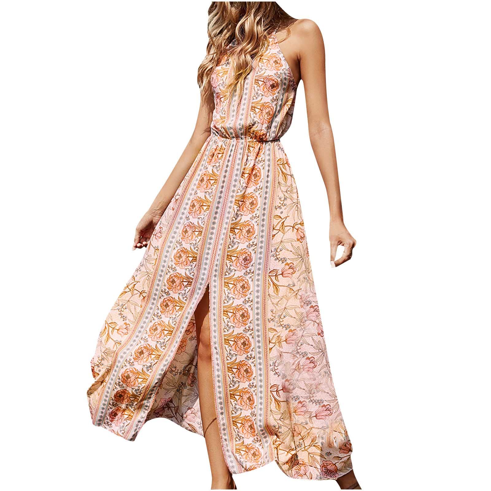 Women's Sexy Boho Summer Dresses - Halter Neck Backless Maxi Dress with Cold Shoulder & High Slit for Beach Vacation, Party & Date Night