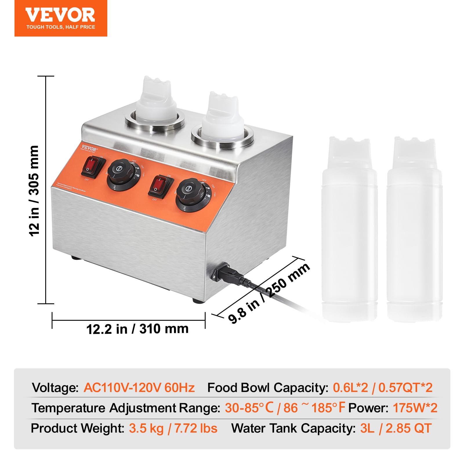 VEVOR Electric Bottle Warmer - 0.57x2 Qt Commercial Dispenser with 86-185°F Adjustable Temperature - Plastic Double Bottles for Hot Fudge, Nacho Cheese, Caramel - Perfect for Restaurants, Cafes & Catering Services