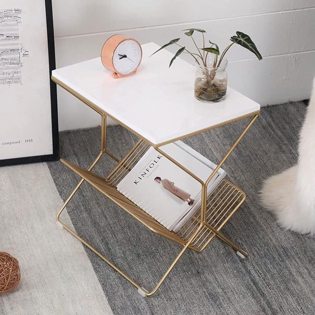 Modern Marble Double-Decker Coffee Table - Small Side Table for Living Room, Bedroom, Office - White End Table with Snack & Tablet Holder (50x36x50cm) - Perfect for Coffee, Books, and Decor