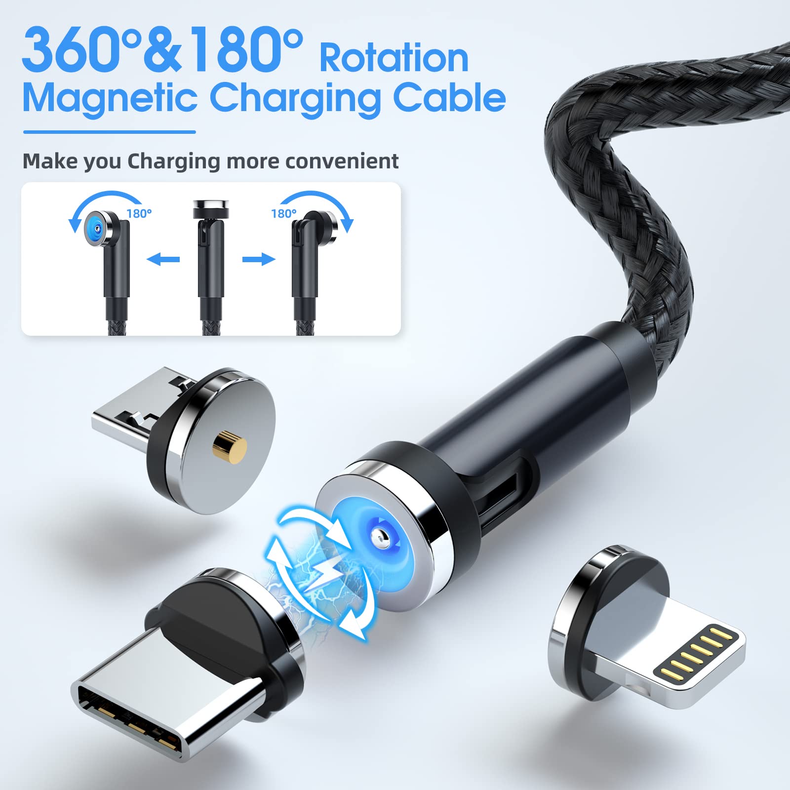 Premium Magnetic Charging Cable 6-Pack [3ft/6ft/10ft] - 540° Rotating 3-in-1 Fast Charger with Nylon Braiding for iPhone, Android, Type-C & Micro USB Devices - Perfect for Home, Office & Travel Charging