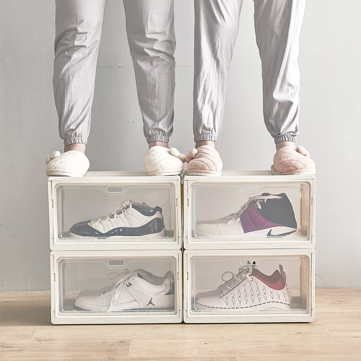 **Stackable Shoe Storage Boxes - Pack of 3 Clear Plastic Shoe Organizers with Lids | Foldable & Sturdy Sneaker Storage for US Size 13 (14.6”x10.6”x8.3”) | Perfect for Closet, Underbed & Entryway Organization**
