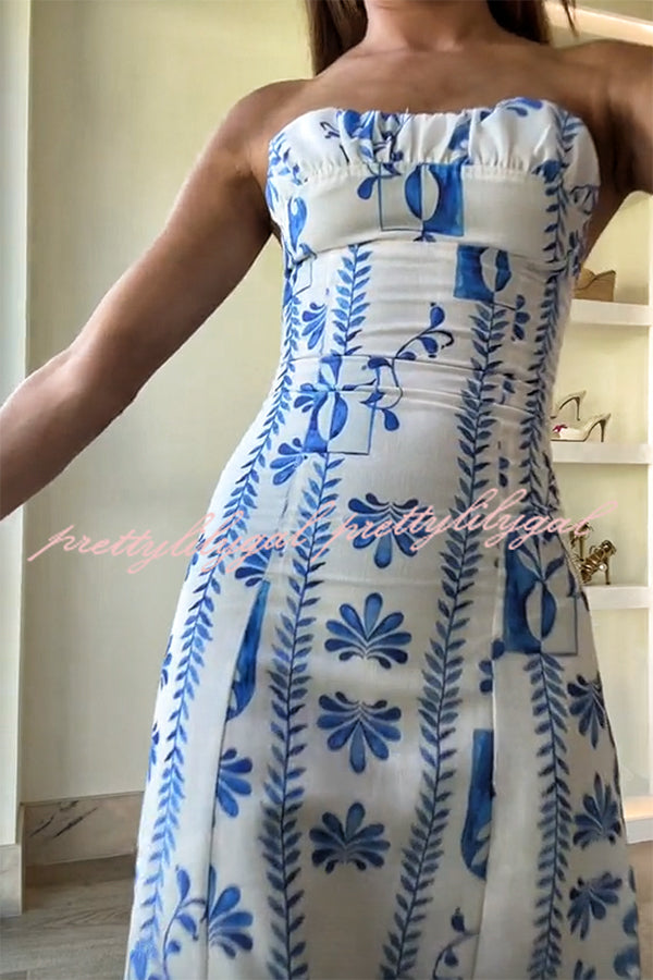 Freya Linen Blend Floral Wave Print Ruched Bust Strapless Maxi Dress for Women | Summer Beach Wedding Guest Dress | Boho Chic Party Gown