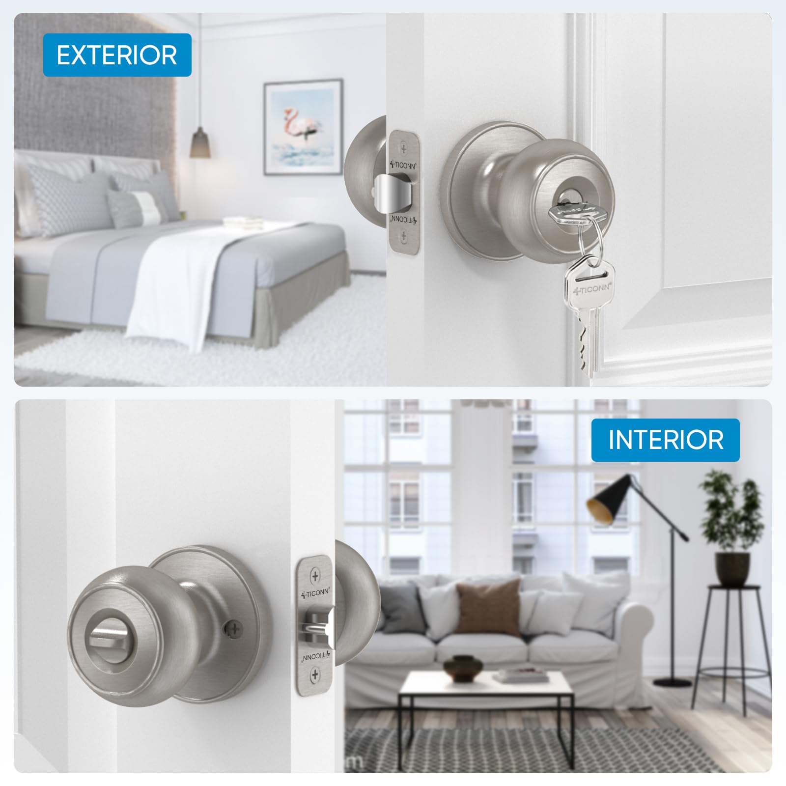 TICONN Round Door Knob with Deadbolt - Satin Nickel (1-Pack) for Bedroom & Bathroom Security