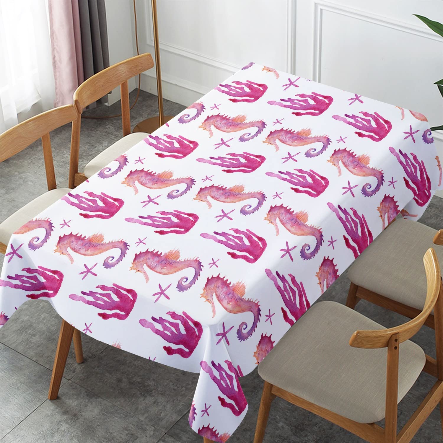 Seahorse Coral Ocean Themed Tablecloth - 54 x 108 Inch Rectangular Dining Table Cover with Starfish Design for Kitchen, BBQ, Picnic & Coffee Table Decor | Waterproof & Washable for Indoor/Outdoor Use