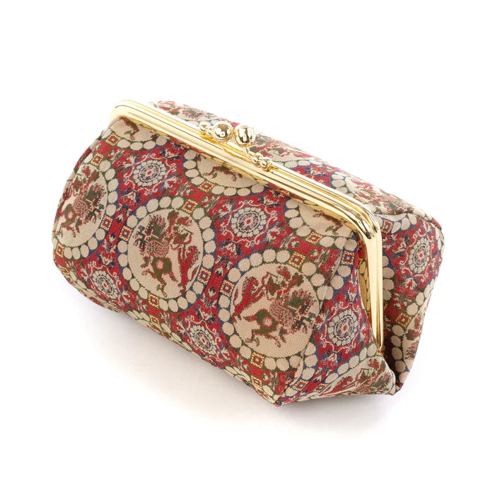Nishijin Woven Small Lion Hunter Red Pouch - Handmade in Kyoto Japan | Cosmetic & Makeup Bag, Japanese Gamaguchi Pouch for Travel Toiletry, Stationery Organizer, Bag-in-Bag | Perfect for Daily Essentials, Gift Giving & Japanese Culture Lovers