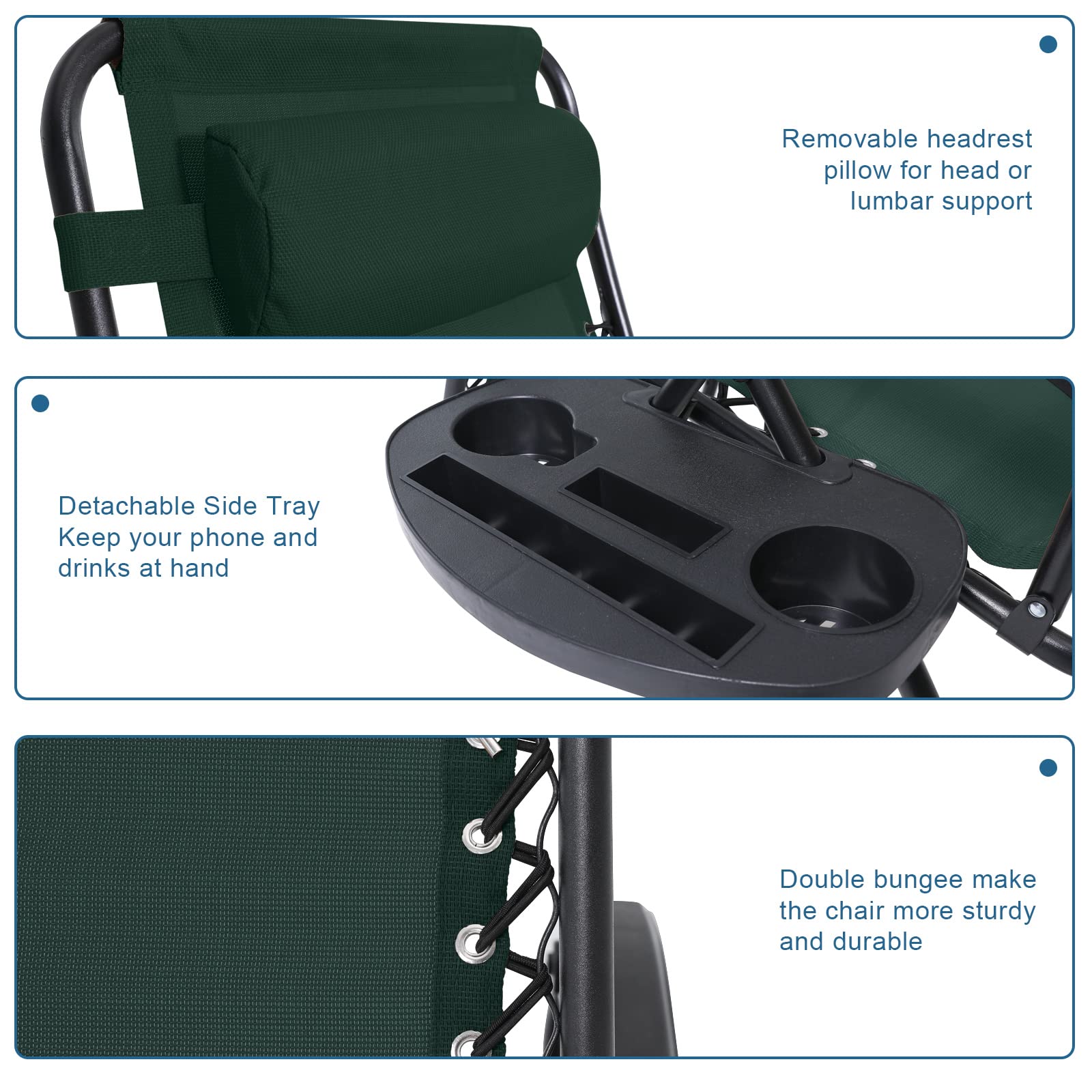 ABCCANOPY Zero Gravity Adjustable Reclining Patio Lounge Chair with Removable Pillow & Cup Holder - Outdoor Relaxation for Backyard, Poolside, Beach & Garden (Forest Green)