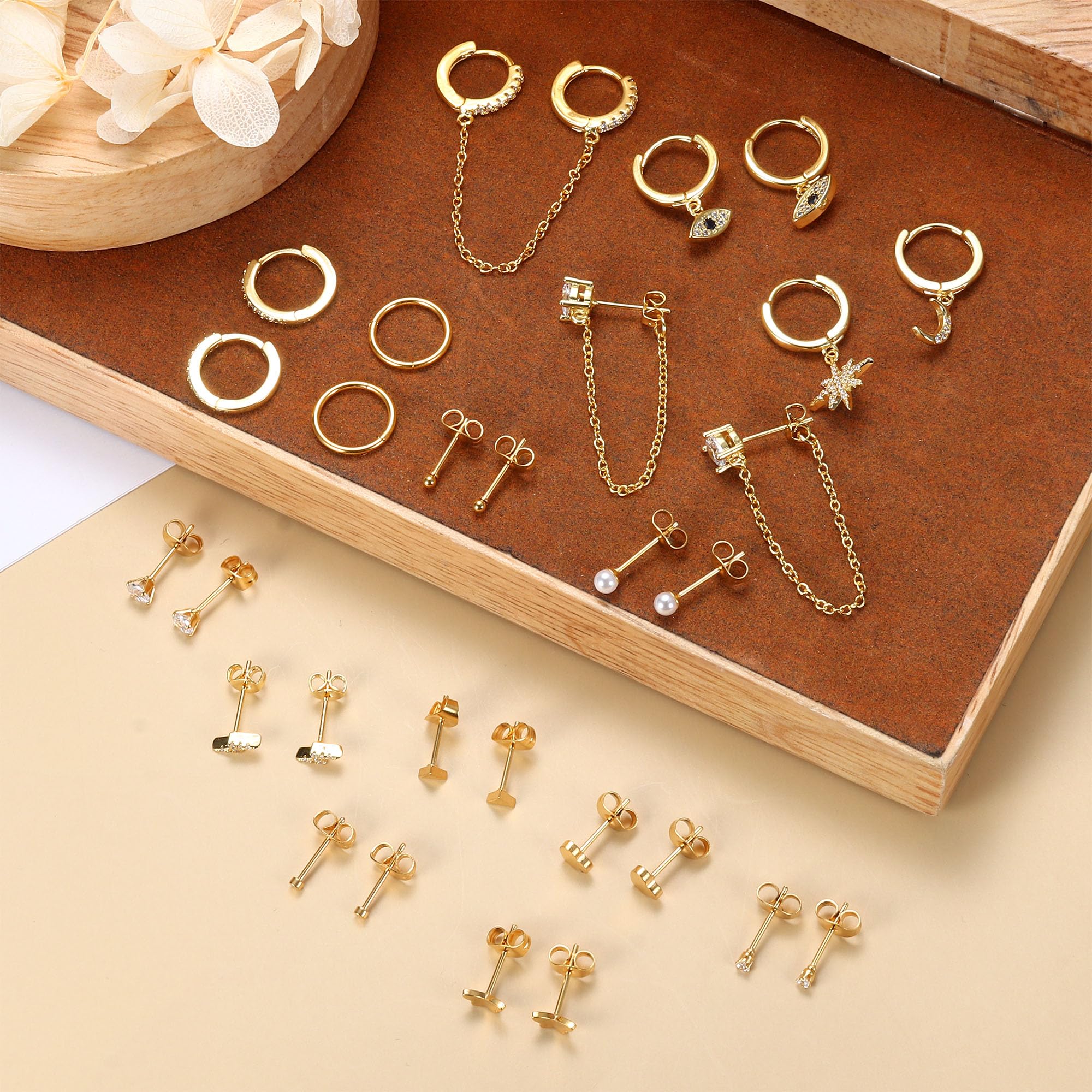 JeweBella 29Pcs Dangle Hoop Earrings for Women - Stainless Steel Evil Eye, Star & Moon Hanging Hoops - Hypoallergenic Gold/Silver Chain Earring Set with Mini Pearl & Zircon Studs - Perfect for Parties, Weddings & Everyday Wear