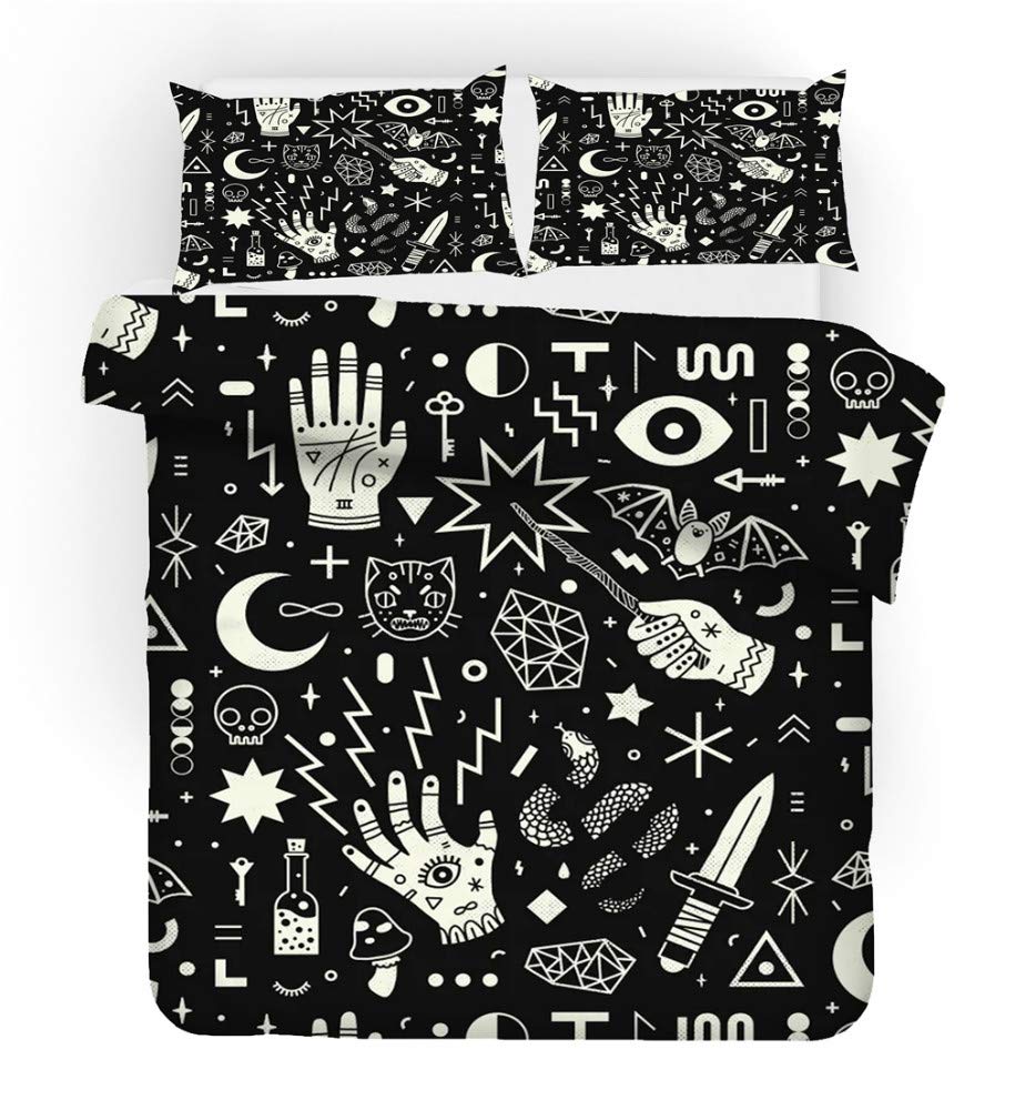 REALIN Tarot Divination Duvet Cover Set - Cartoon Little Pattern Bedding 2/3/4PCS with Quilt Cover, Sheets & Pillow Shams for Twin/Full/Queen/King Size (B, Queen 228x228cm 4PCS) - Perfect for Mystic Bedroom Decor & Tarot Enthusiasts