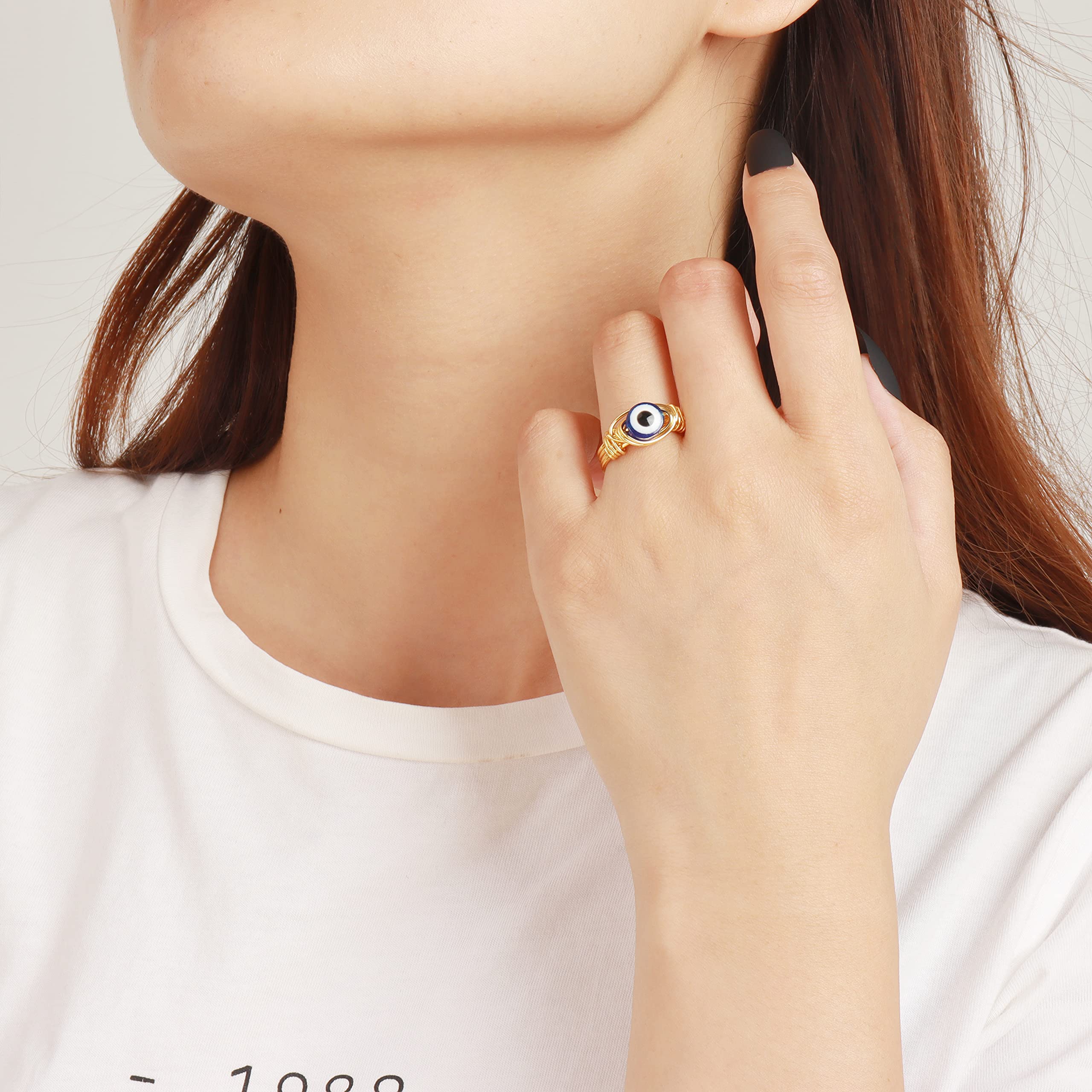 HUASAI Evil Eye Ring for Women - Gold Plated Blue Eye Protection Charm Jewelry, Mal De Ojo Ring for Good Luck & Positive Energy | Gift for Girlfriend, Birthday, Spiritual Healing Accessory
