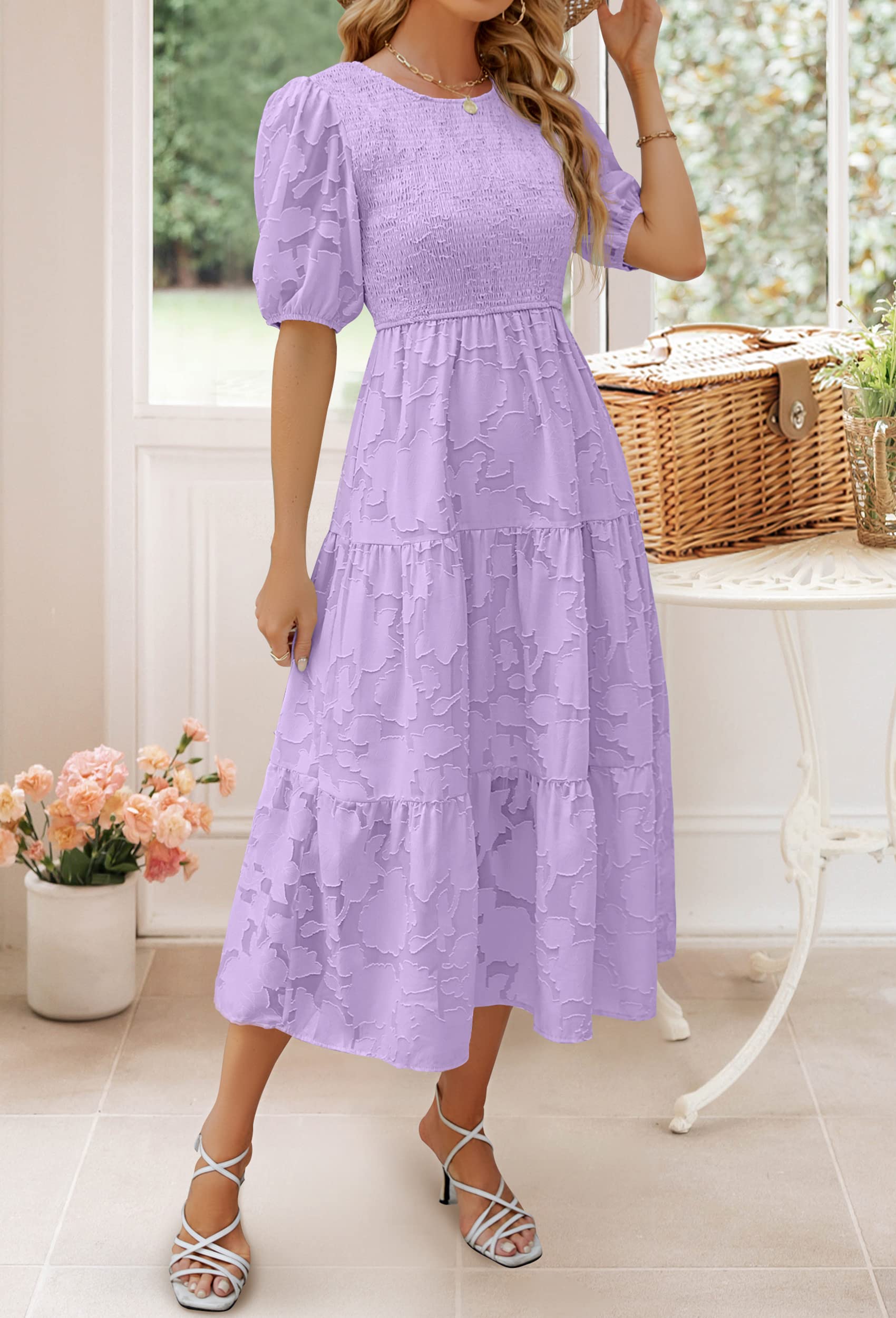 ZESICA Women's Summer Floral Lace Maxi Dress with Puff Sleeves & Smocked Waist - Elegant A-Line Tiered Flowy Dress for Beach, Wedding, Party & Vacation