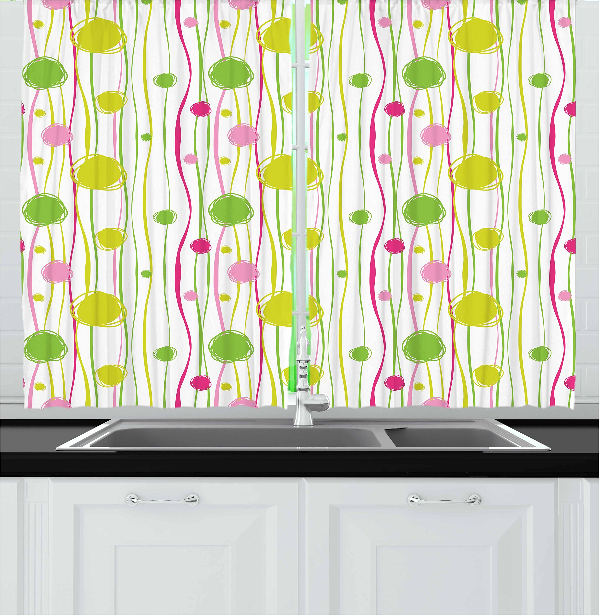 Ambesonne Modern Kitchen Curtains Set of 2 Panels - Green Pink White Doodle Style Wavy Stripes with Spots Design, 55