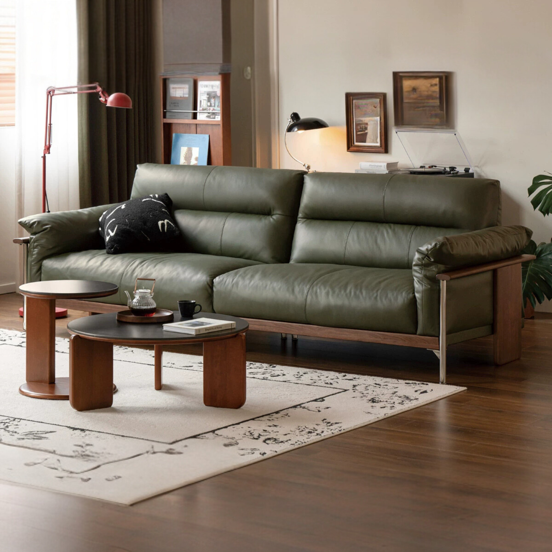 Premium Black Walnut Solid Wood Italian Leather Sofa - Modern Luxury Living Room Furniture for Home & Office Comfort