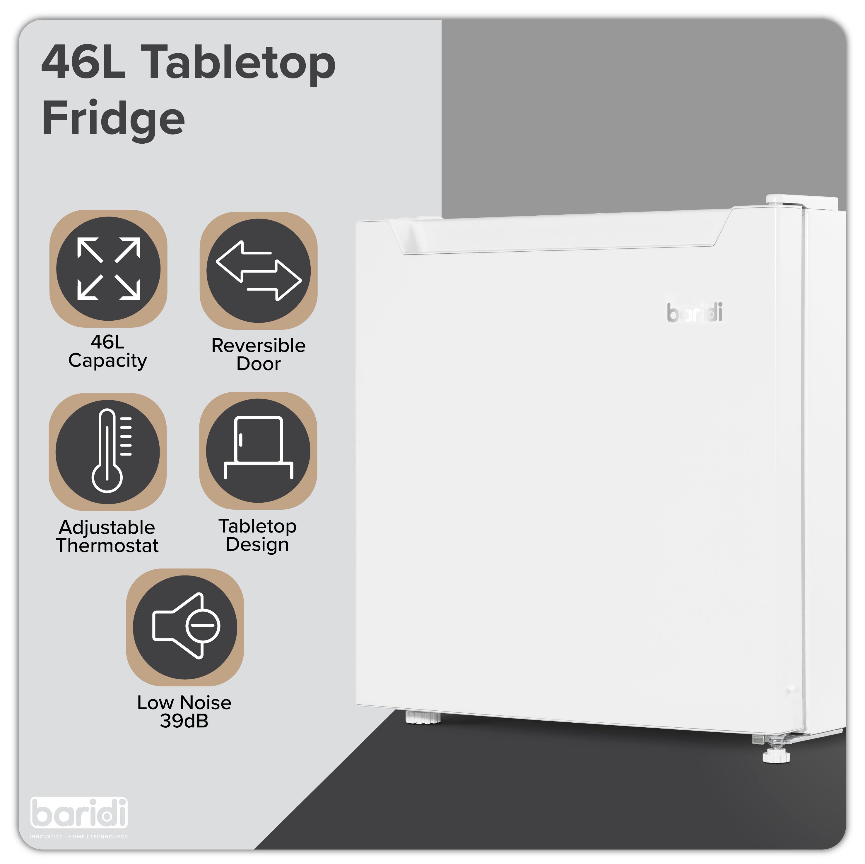 Baridi 46L Mini Fridge with Ice Box - Adjustable Thermostat, Compact Tabletop Refrigerator for Home, Office, Dorm - Perfect for Beverages, Snacks & Skincare Storage
