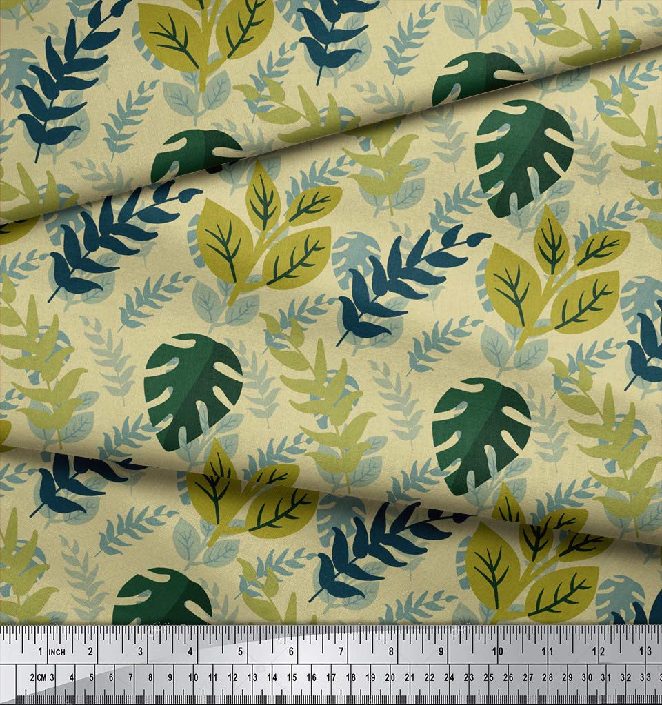Soimoi Moss Georgette Beige Fabric by The Yard - 42 Inch Wide Printed Pecan & Monstera Leaves Material - Autumnal Tropical Fusion Fabric for Dresses, Curtains & DIY Fashion Projects