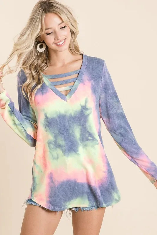 BiBi Tie Dye French Terry V-Neck Strapped T-Shirt for Women | Soft Casual Summer Top | Perfect for Beach, Music Festivals & Everyday Wear
