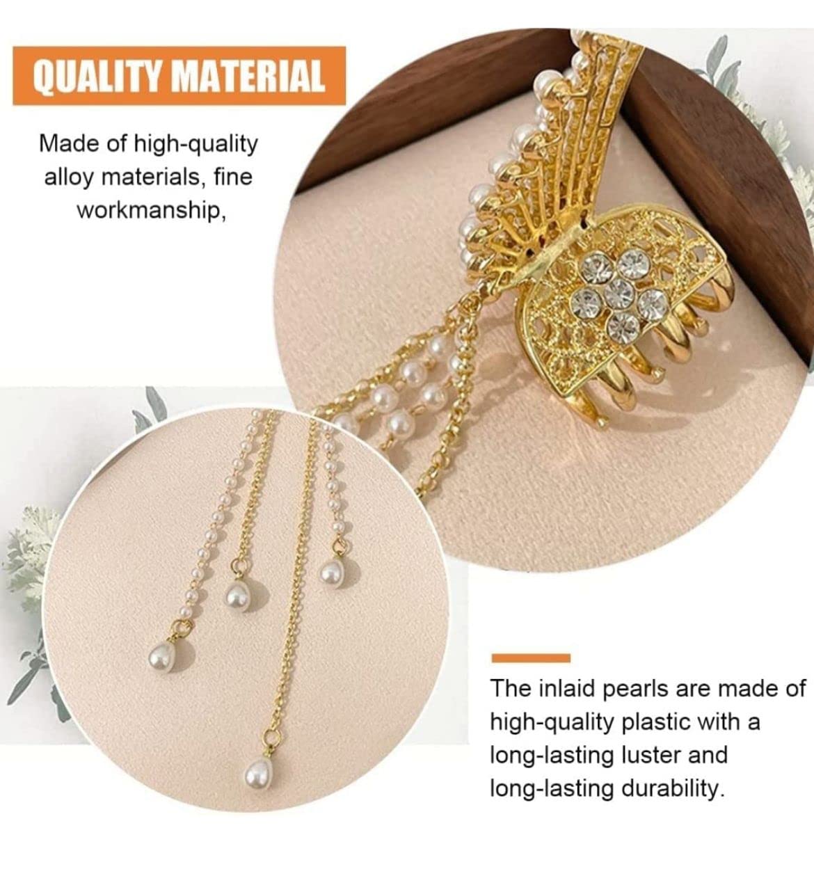Radhya Pearl Butterfly Hair Clip with Tassel - Elegant Metal Hair Claw for Women & Girls - Perfect Hair Styling Accessory for Weddings, Parties & Daily Wear - Ideal Gift for Girlfriend, Wife & Holi Celebrations