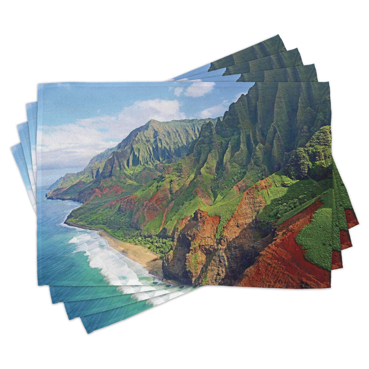 Ambesonne Hawaiian Place Mats Set of 4 - Na Pali Coast Kauai Hawaii Seascape Design, Washable Fabric Table Mats for Dining Room & Kitchen Decor (Green, Redwood, Blue) - Perfect for Tropical Themed Parties, Beach House Dining, and Vacation Home Decor