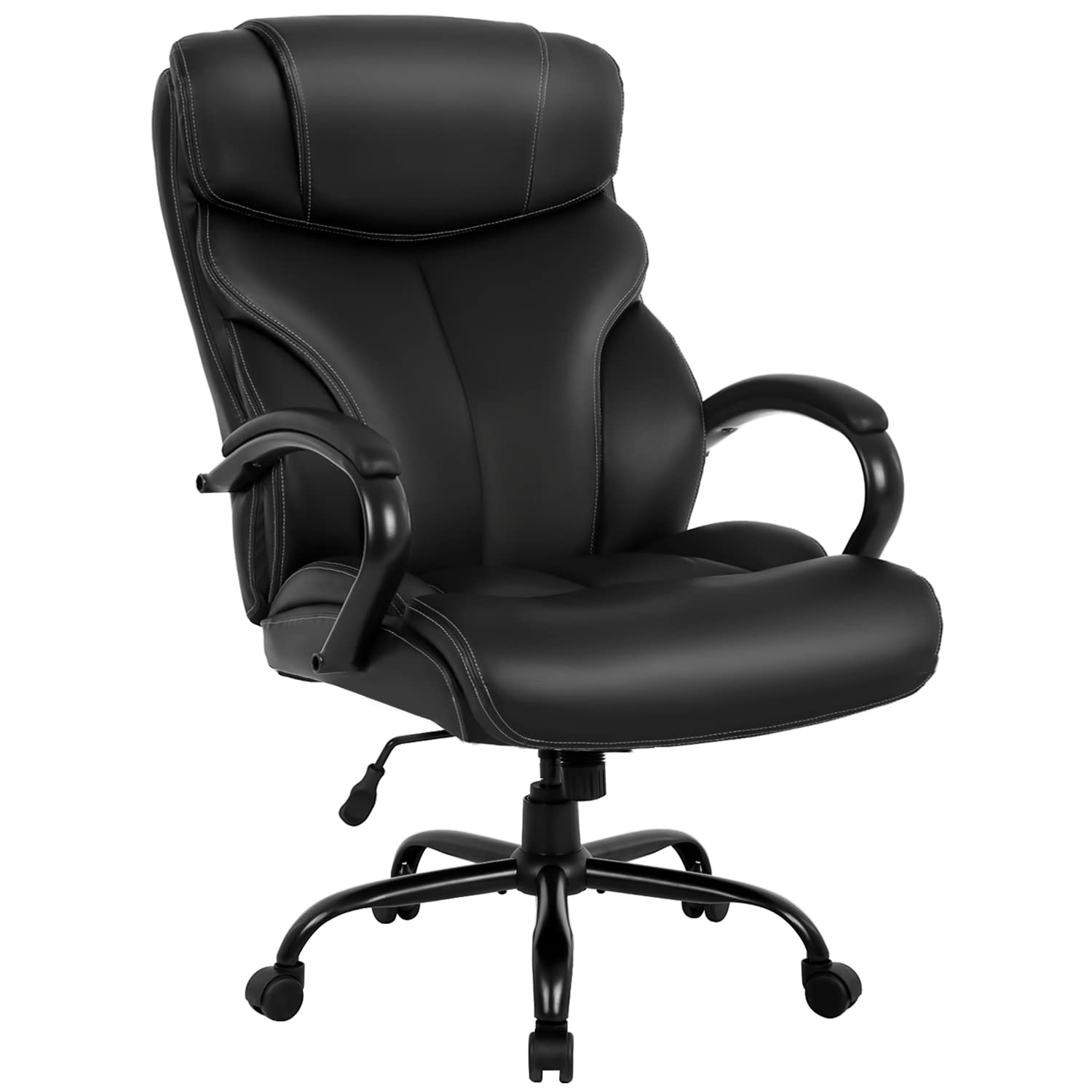 Big and Tall 500lbs Office Chair - Wide Seat Executive Desk Chair with Lumbar Support & Adjustable Arms - High Back PU Leather Ergonomic Computer Chair for Back Pain Relief - Perfect for Home Office, Gaming & Workspaces (Black)